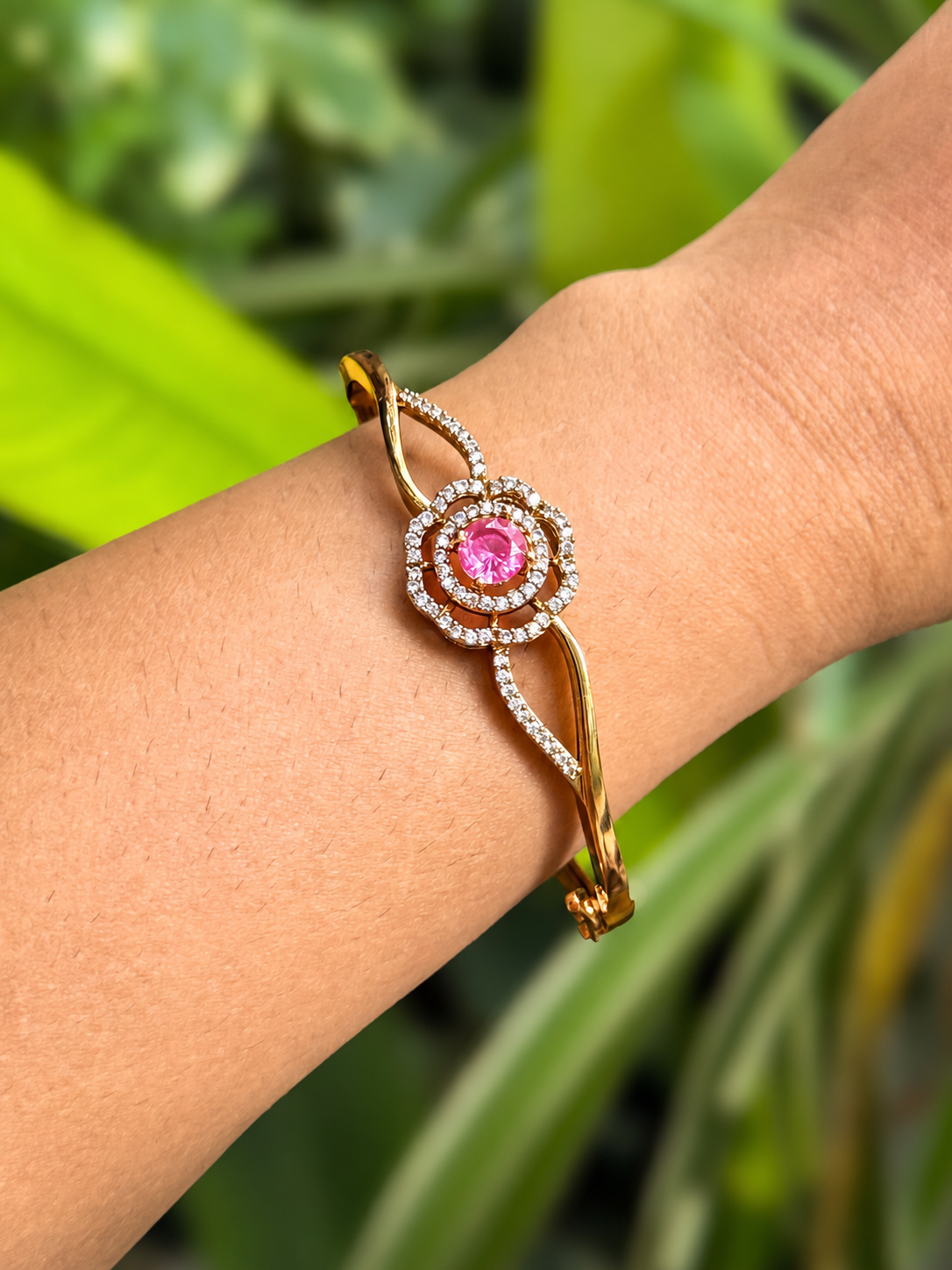 Free size cuff bangle Pink and white stone worked design