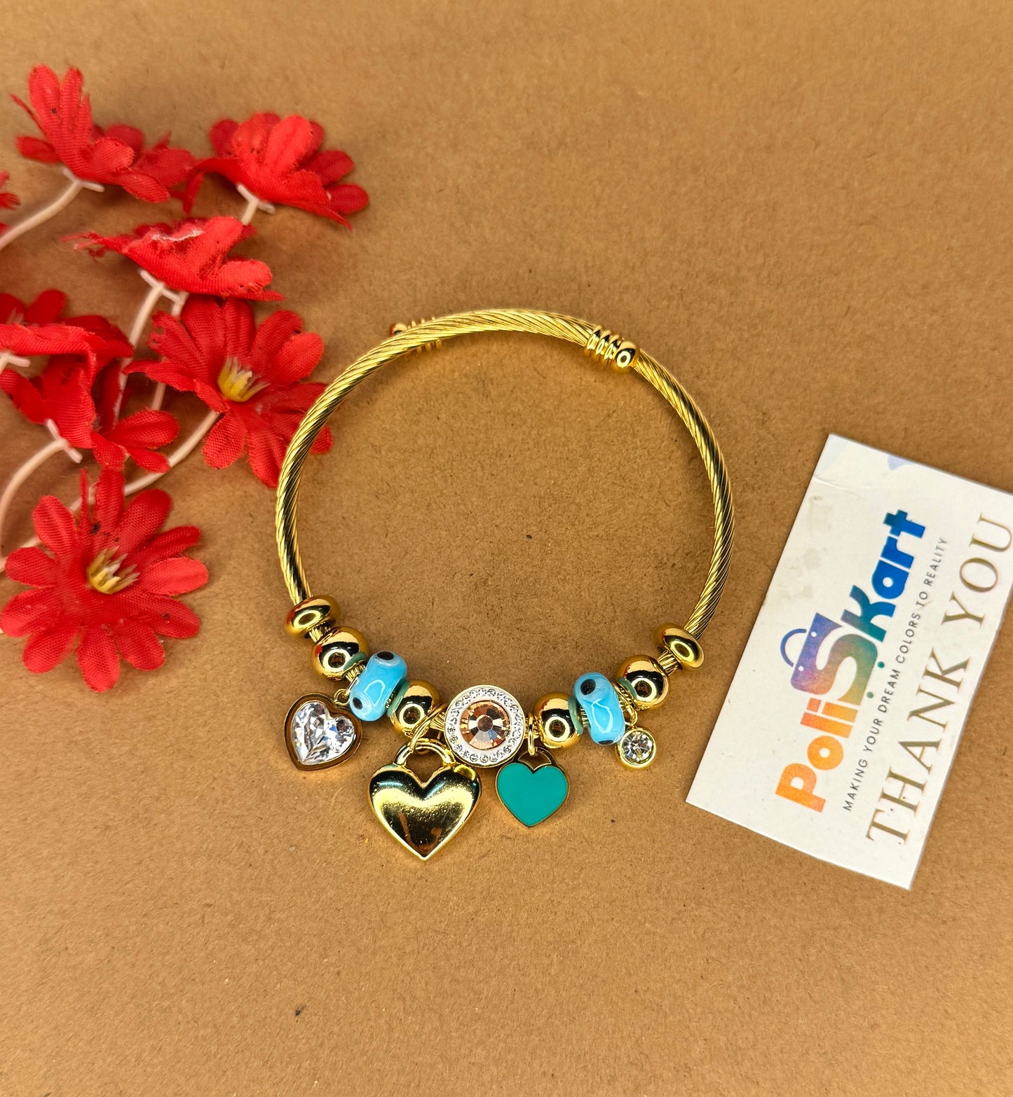 Adjustable bracelet bangle with multiple hearts and stone hangings