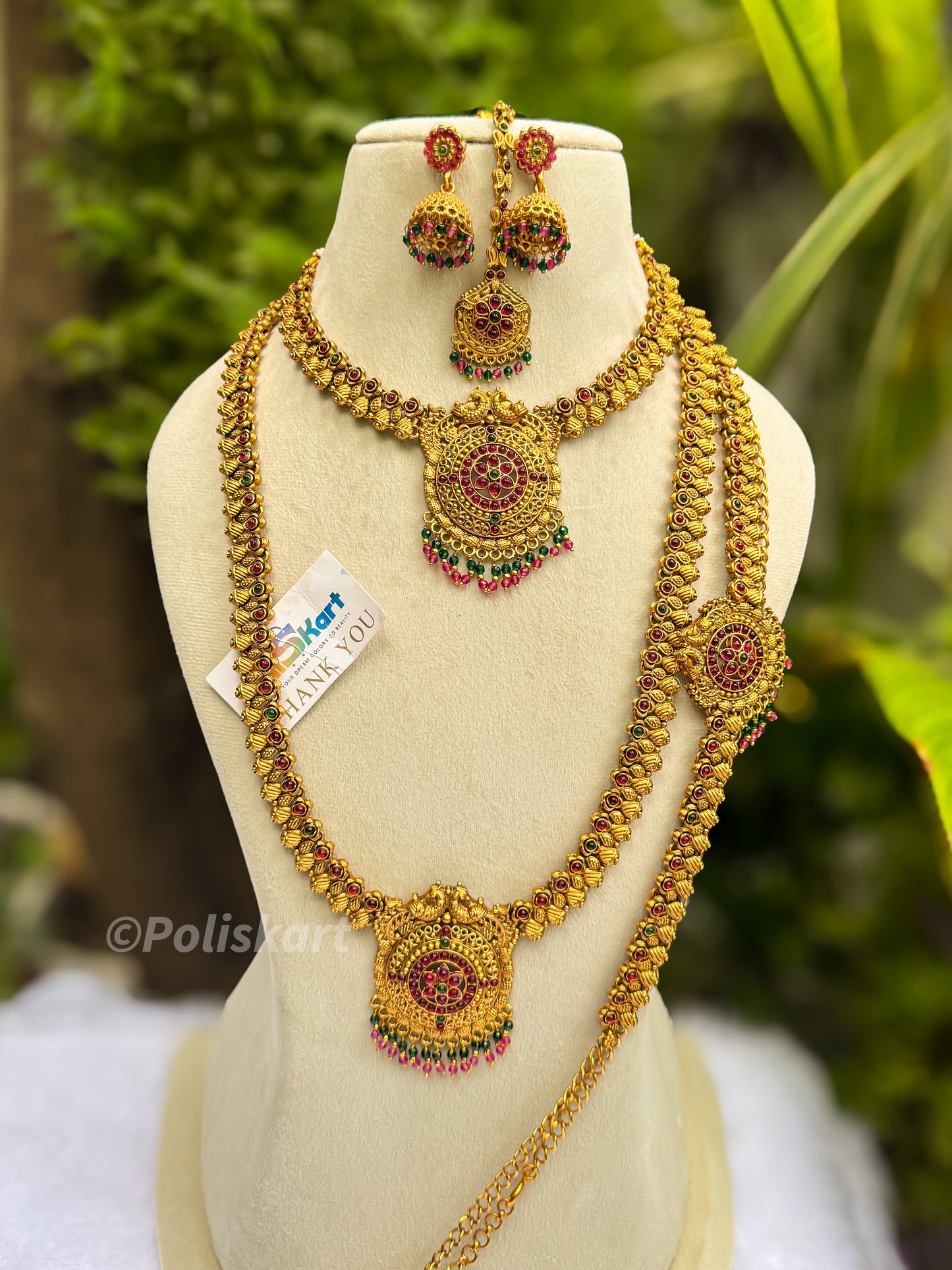 Bridal combo of Haram, Necklace,Hip chain, Tikka and earring - Rubi and green stone design