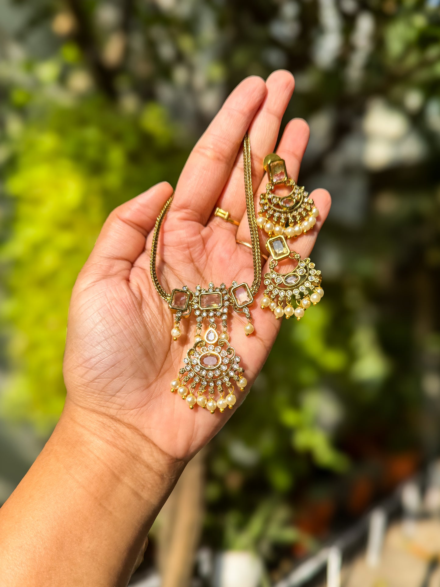Trending AD stone worked short necklace with earring set- white