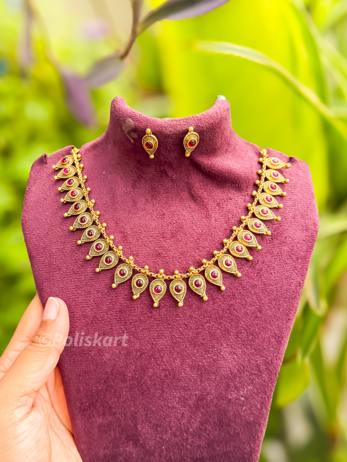 Ruby stone worked necklace with earing set