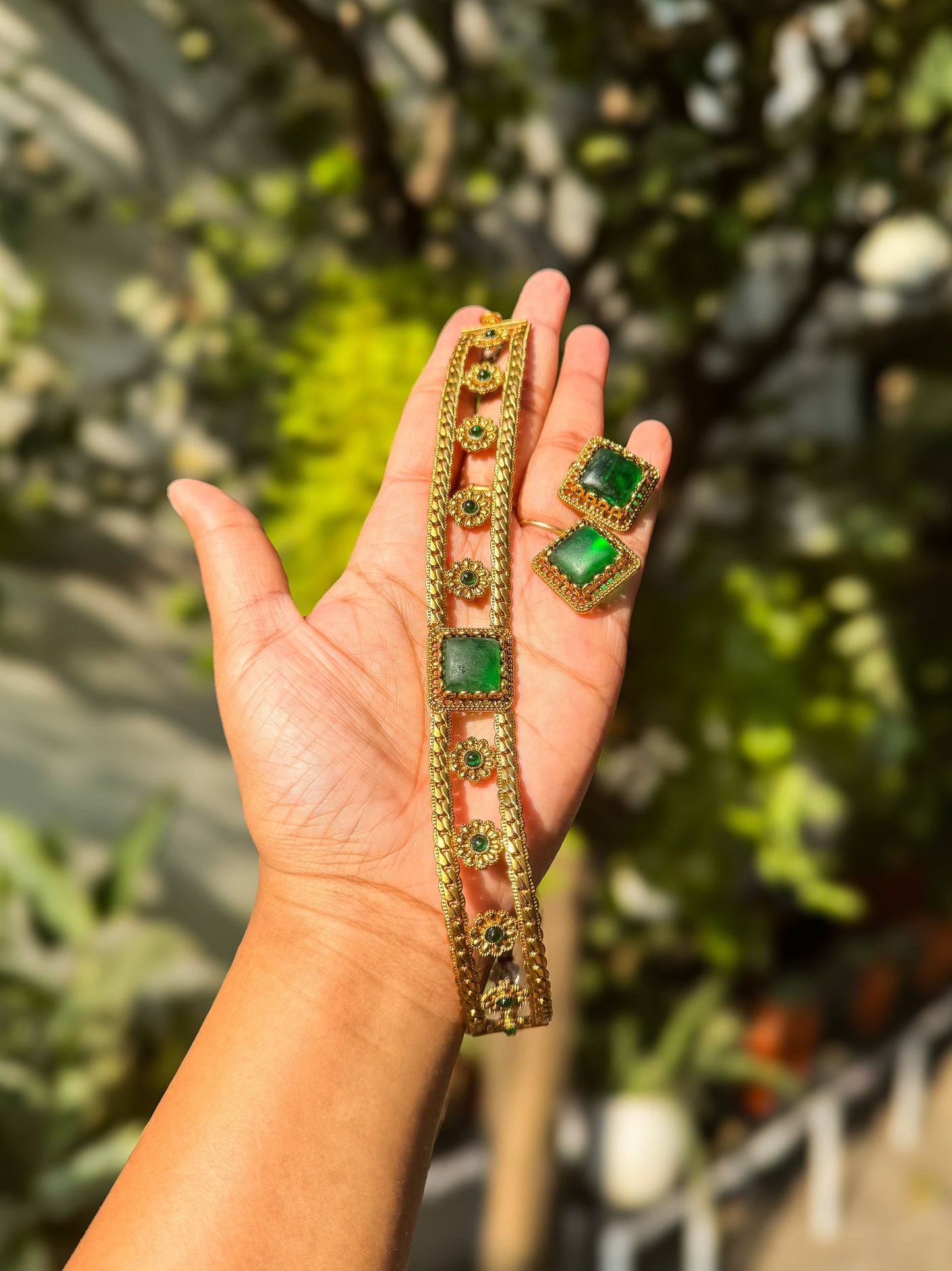 Green stone worked chocker with earring set