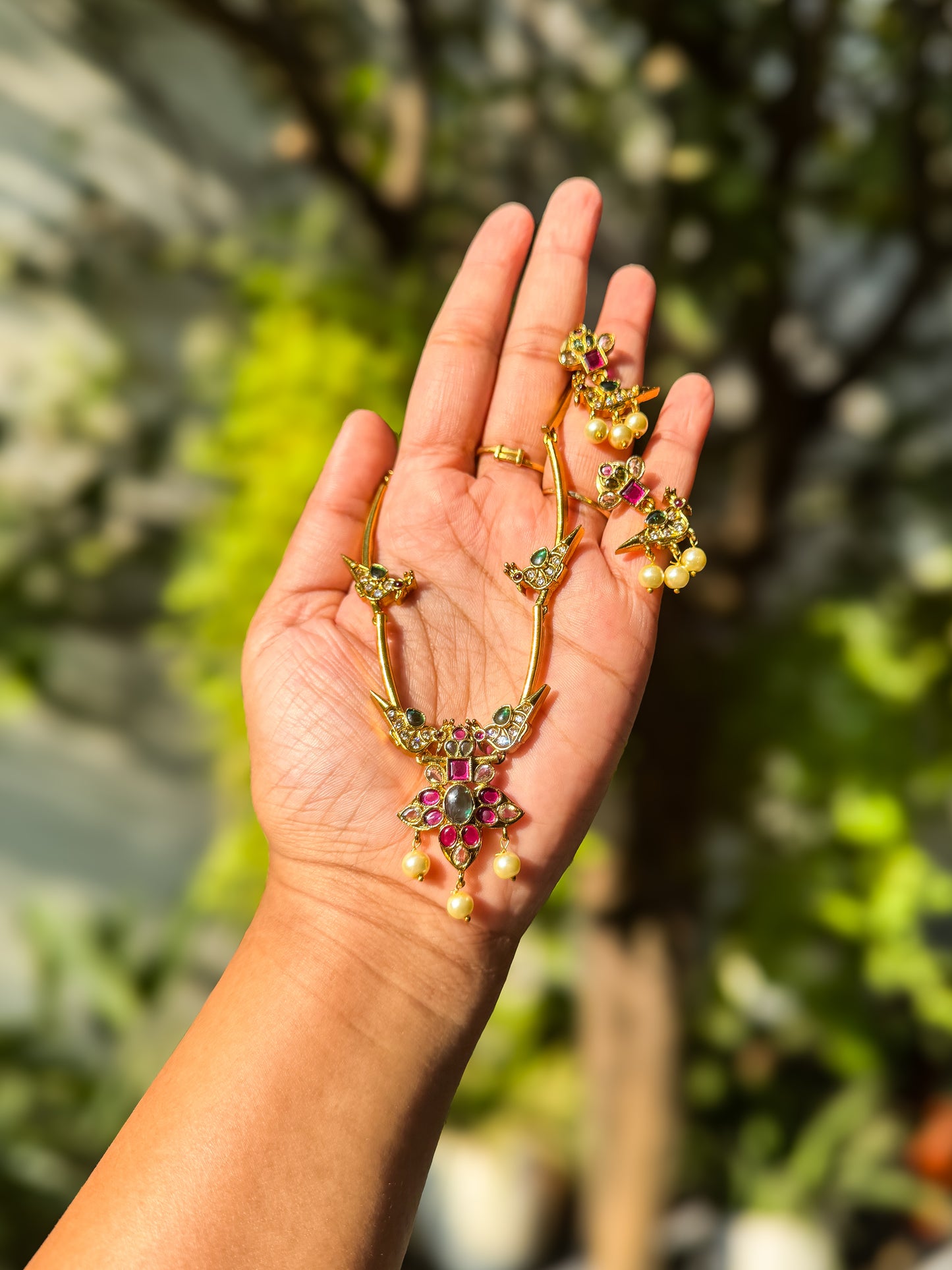 Trending bird designed stone worked attigai with earring set