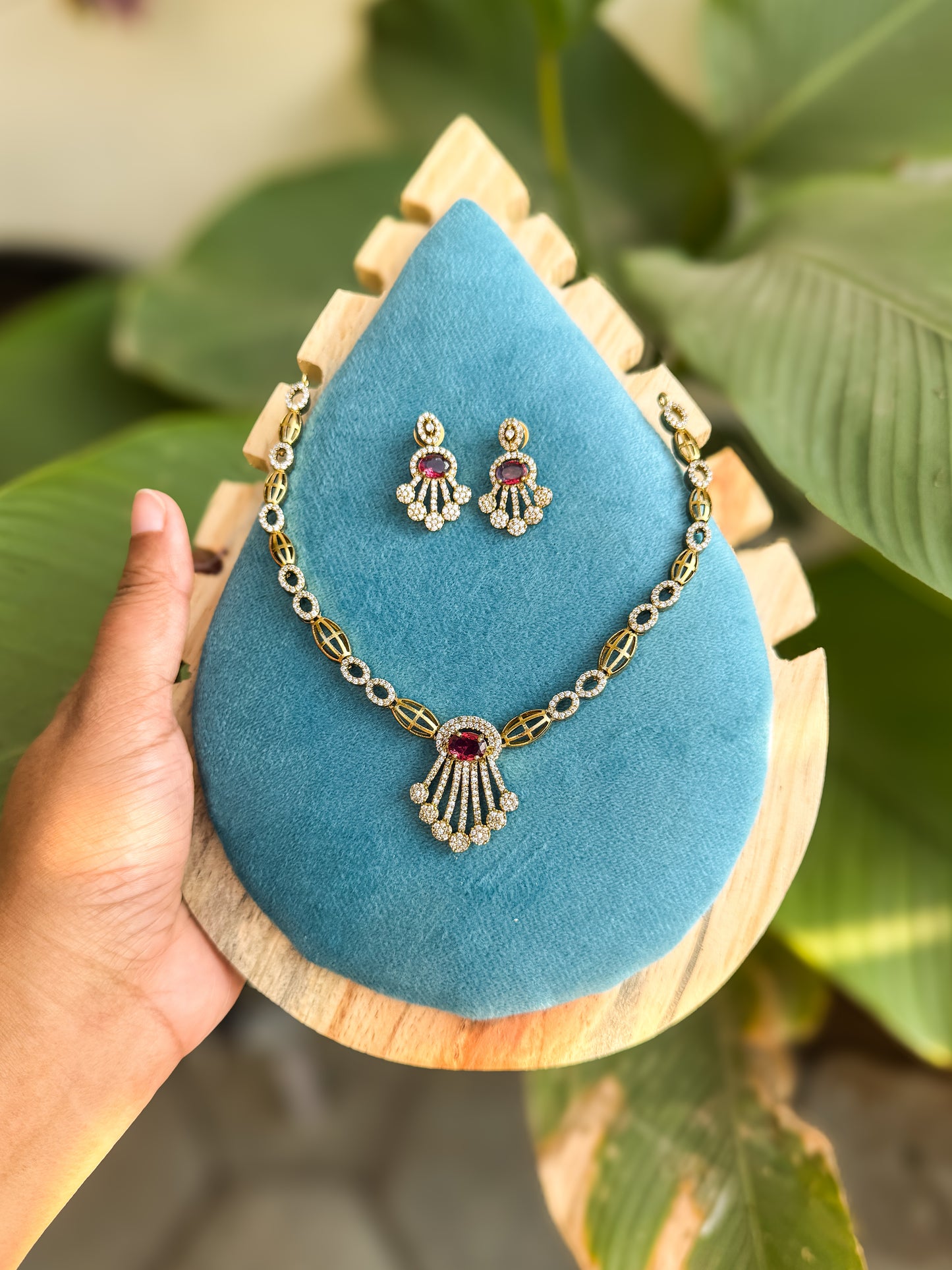 Diamond finished Rubi and white stone worked necklace with earring