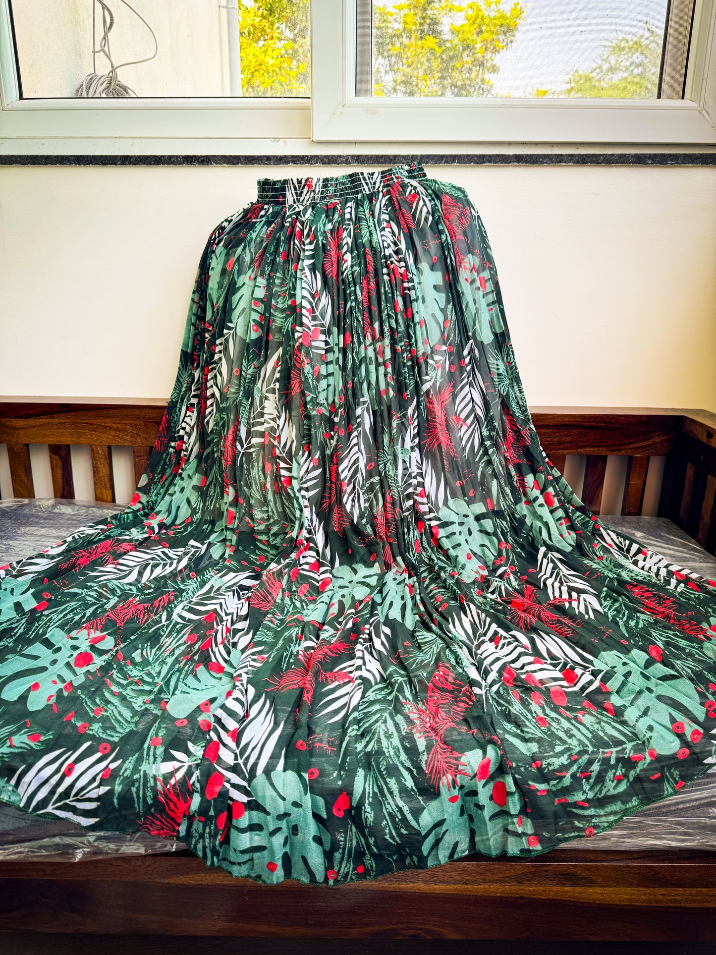 Flower Printed Georgette Skirt - Forest Print
