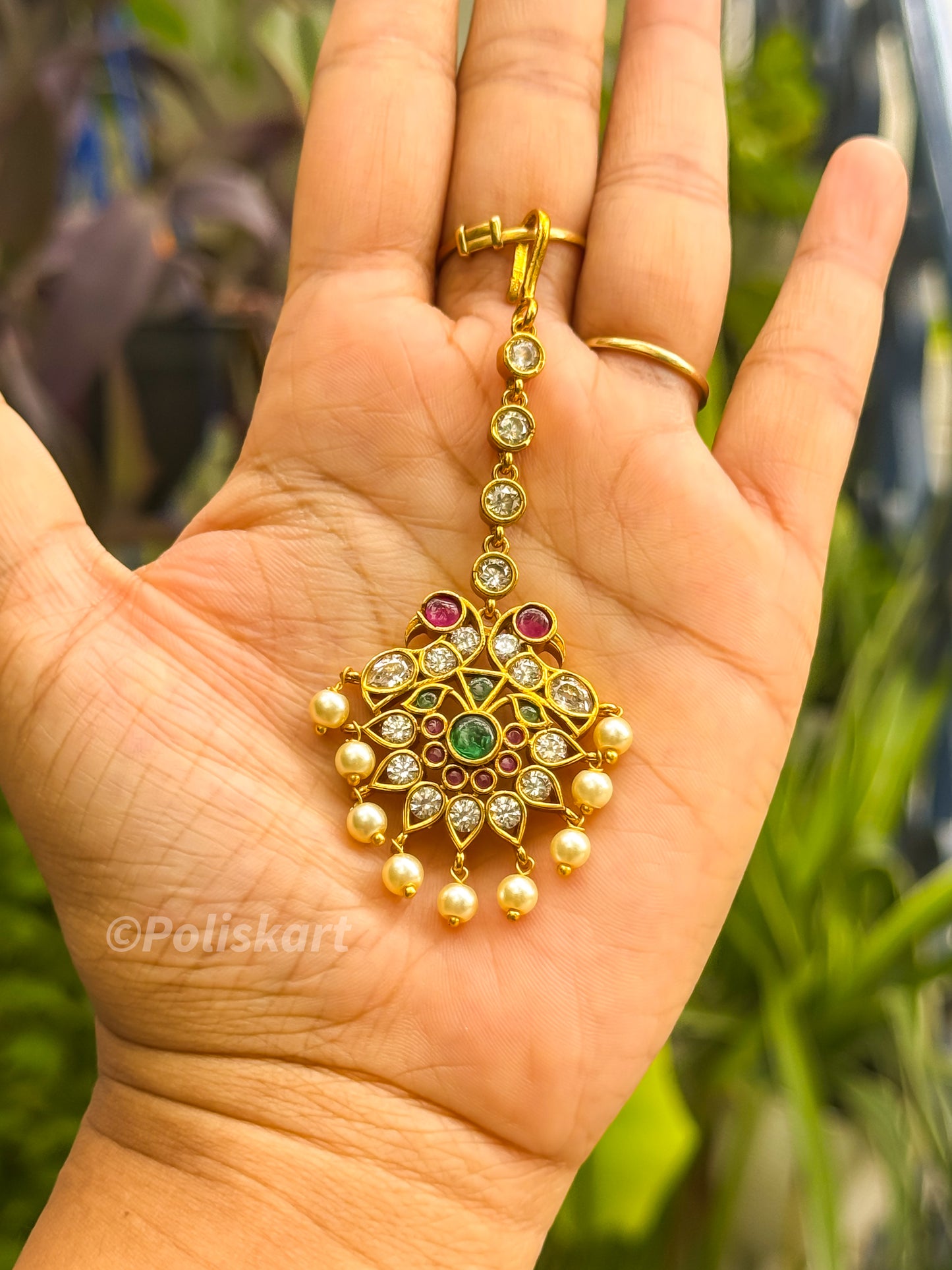 Tikka - Ruby and white stone worked flower design