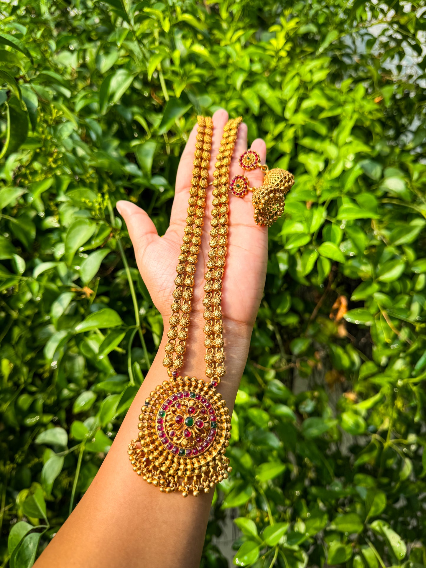 Premium Kerala Style Harram with Red and Green stone worked pendant and earring set