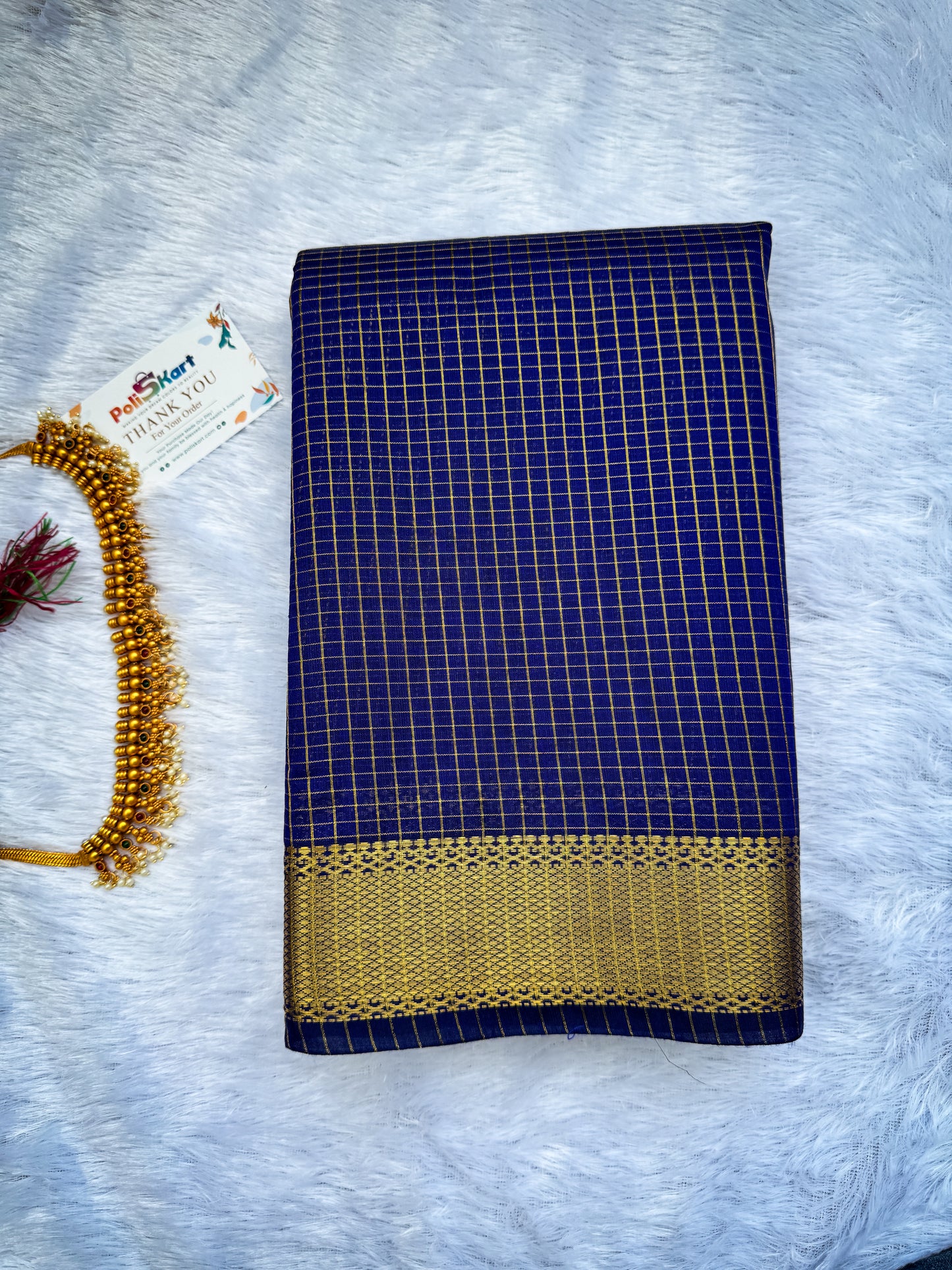 Trending Maheshwari Checked Silk Cotton Saree -Dark Blue