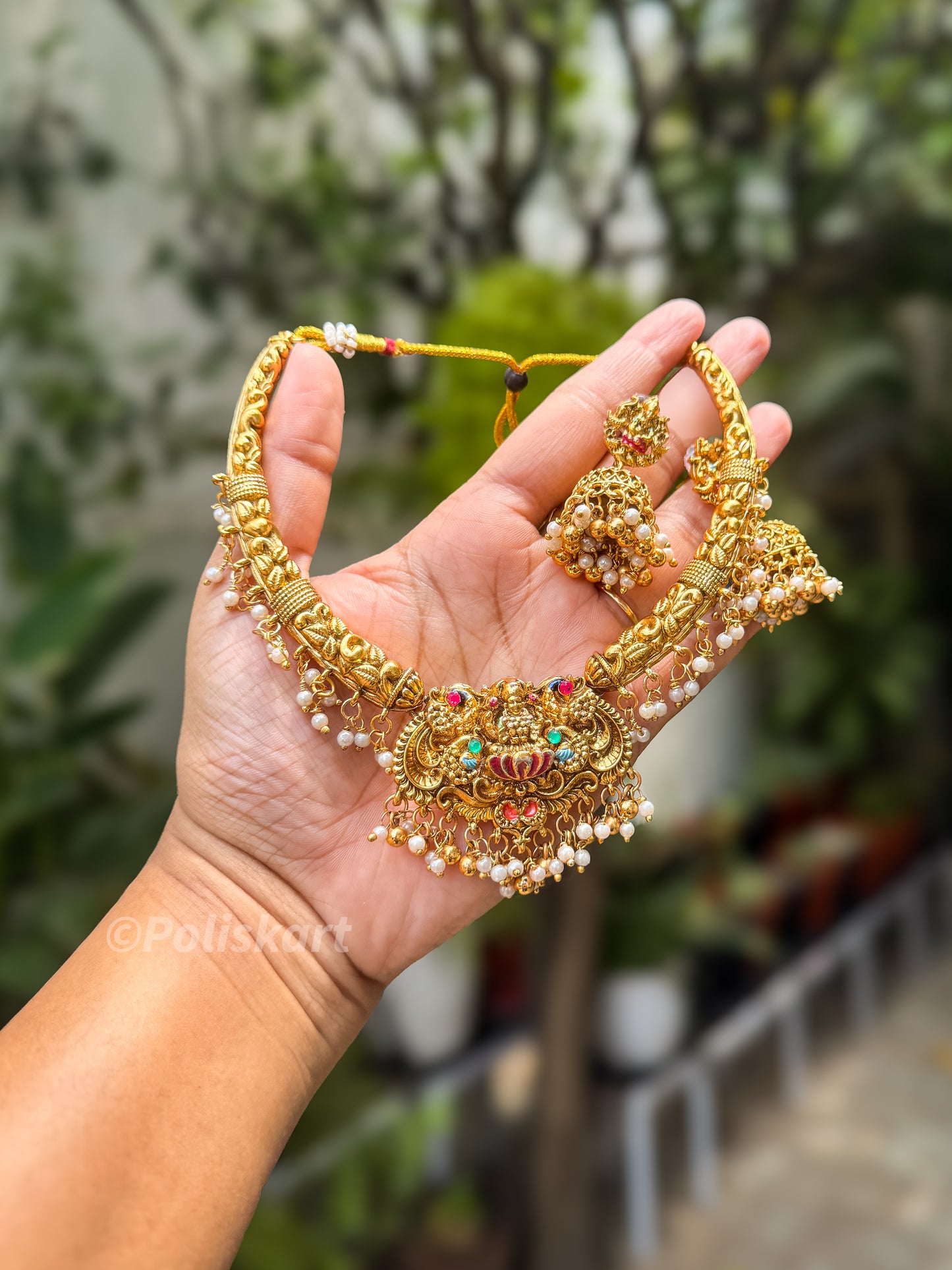 Pearl highlighted color enamel necklace with Jhumka set