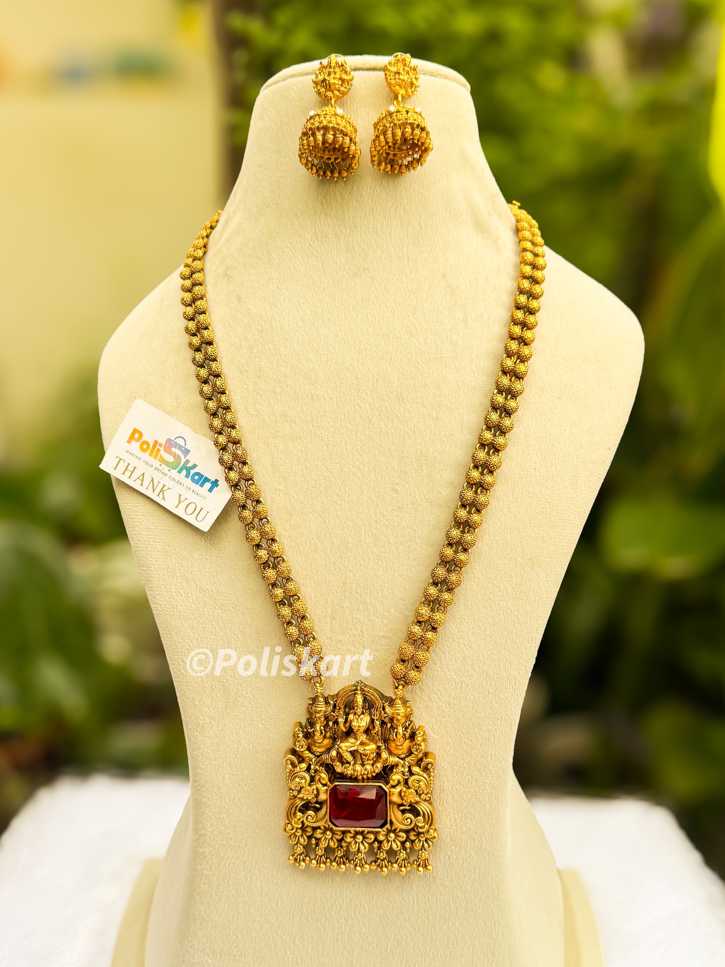 Ruby stone worked laskshmi haram with jhumka set