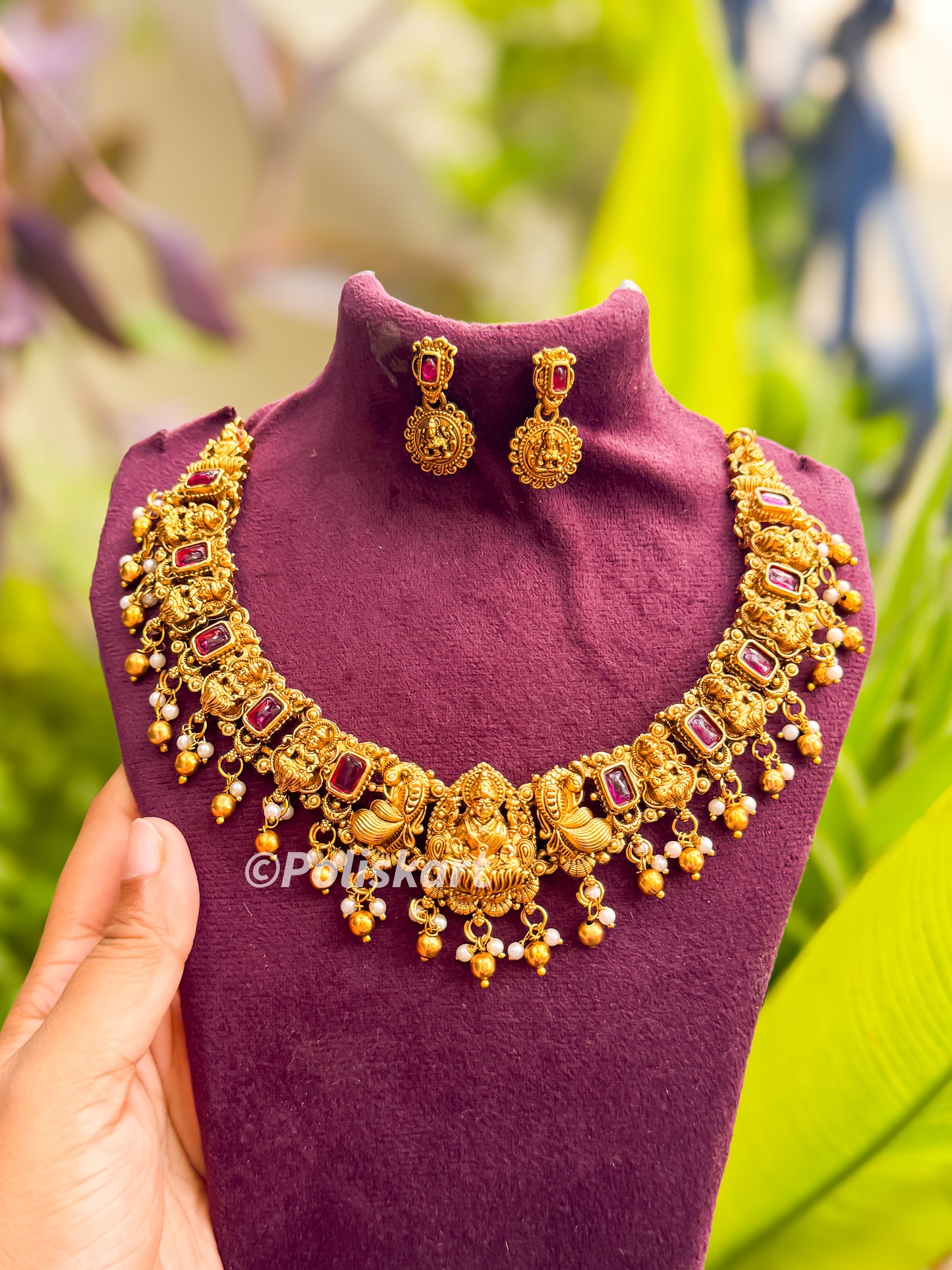 Ruby and pearl worked lakshmi Necklace with earing