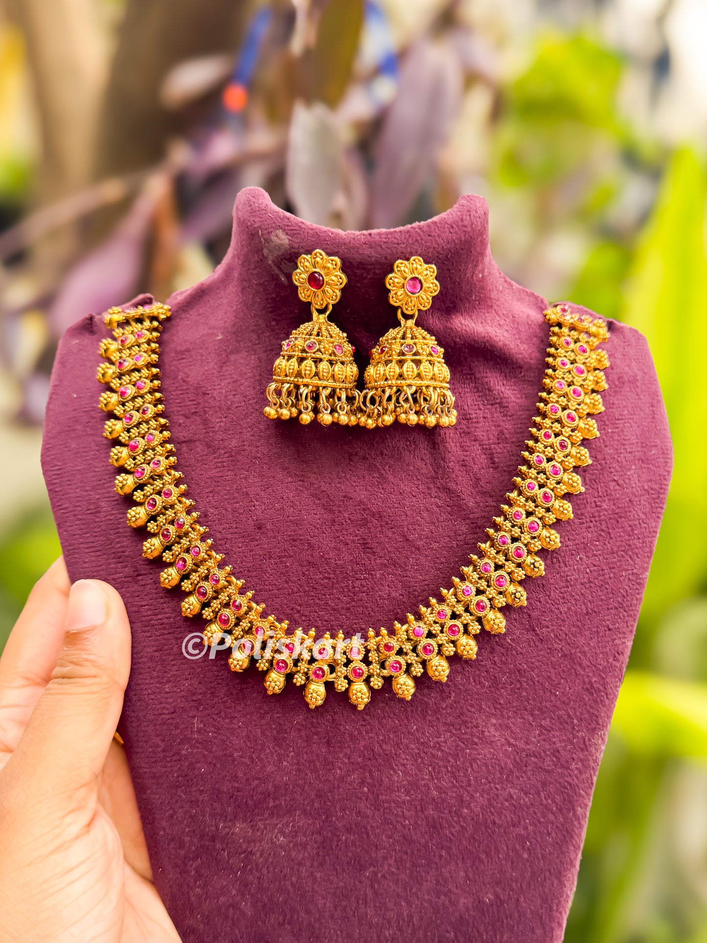 Ruby stone worked necklace with earing