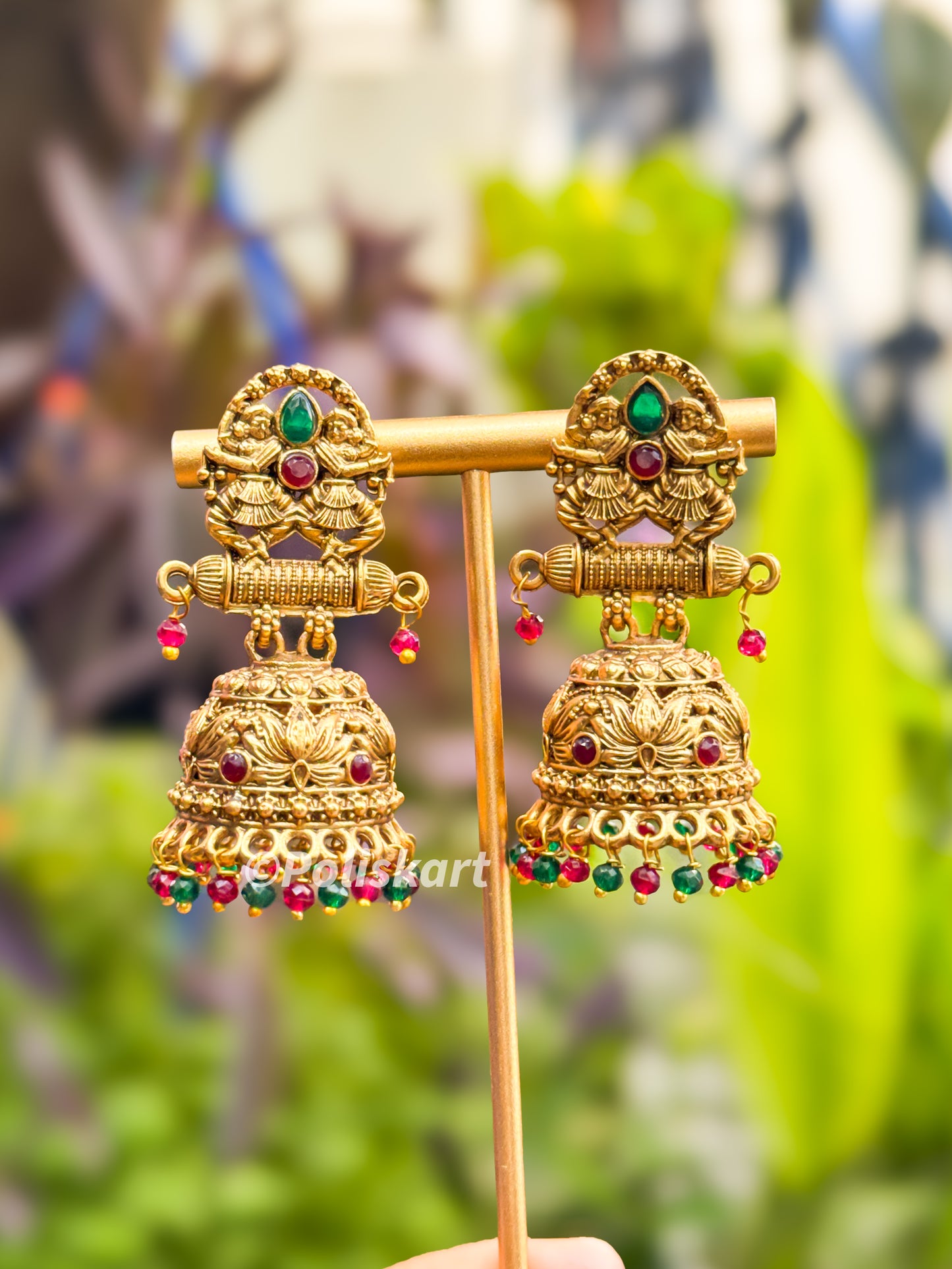 Ruby and green stone worked jhumka set