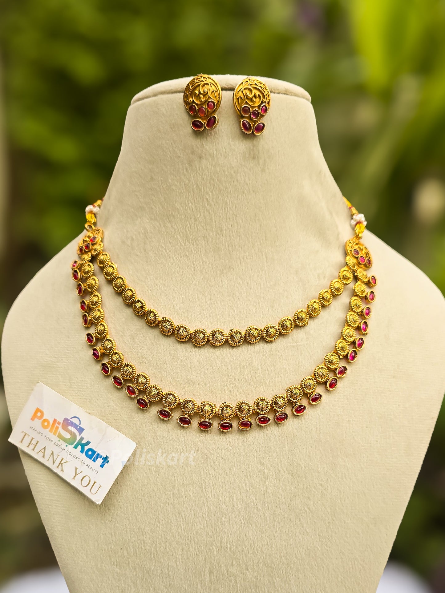 Double layer red stone worked necklace with earing set