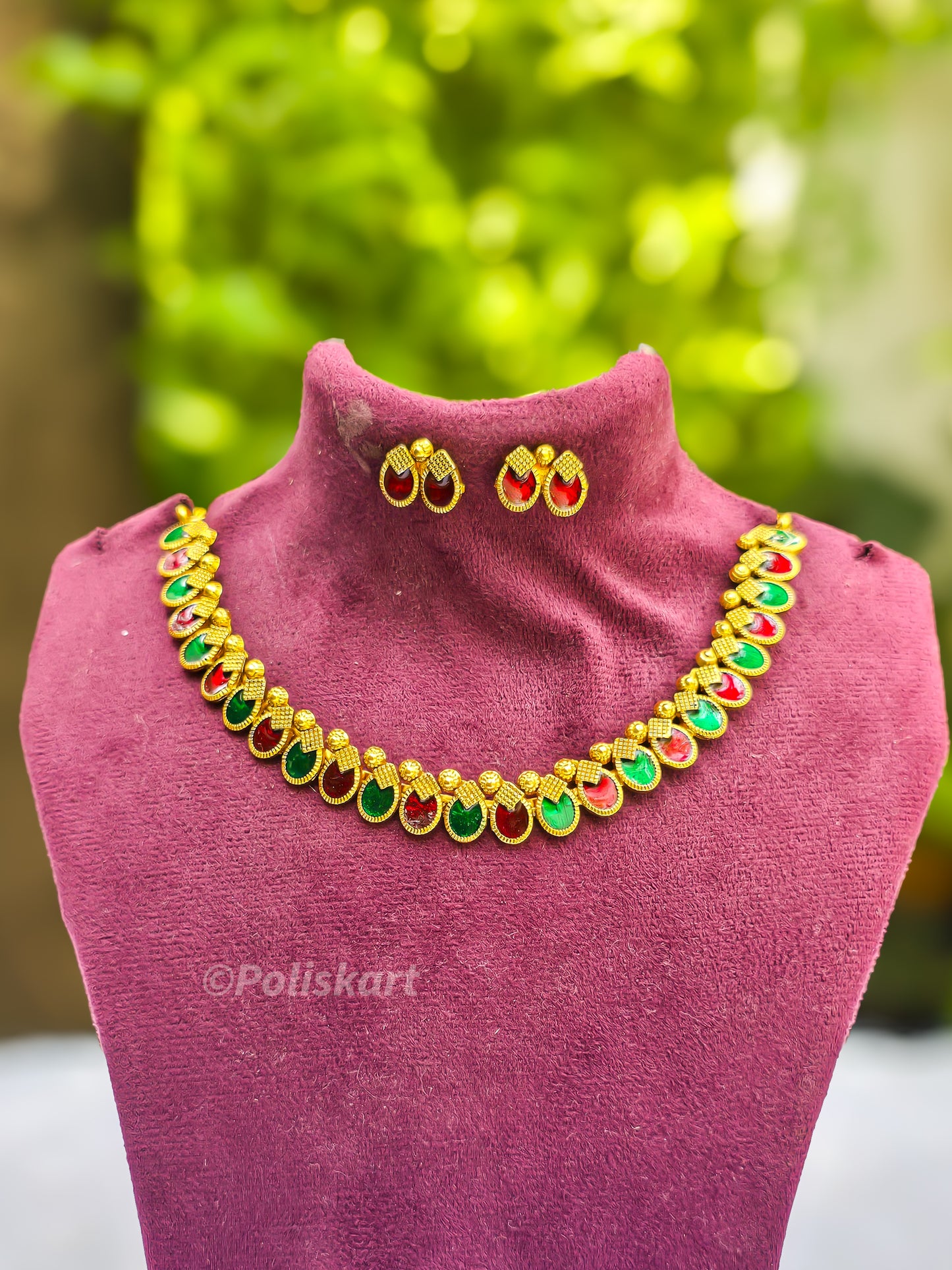 Red and green Stone worked necklace with earing set
