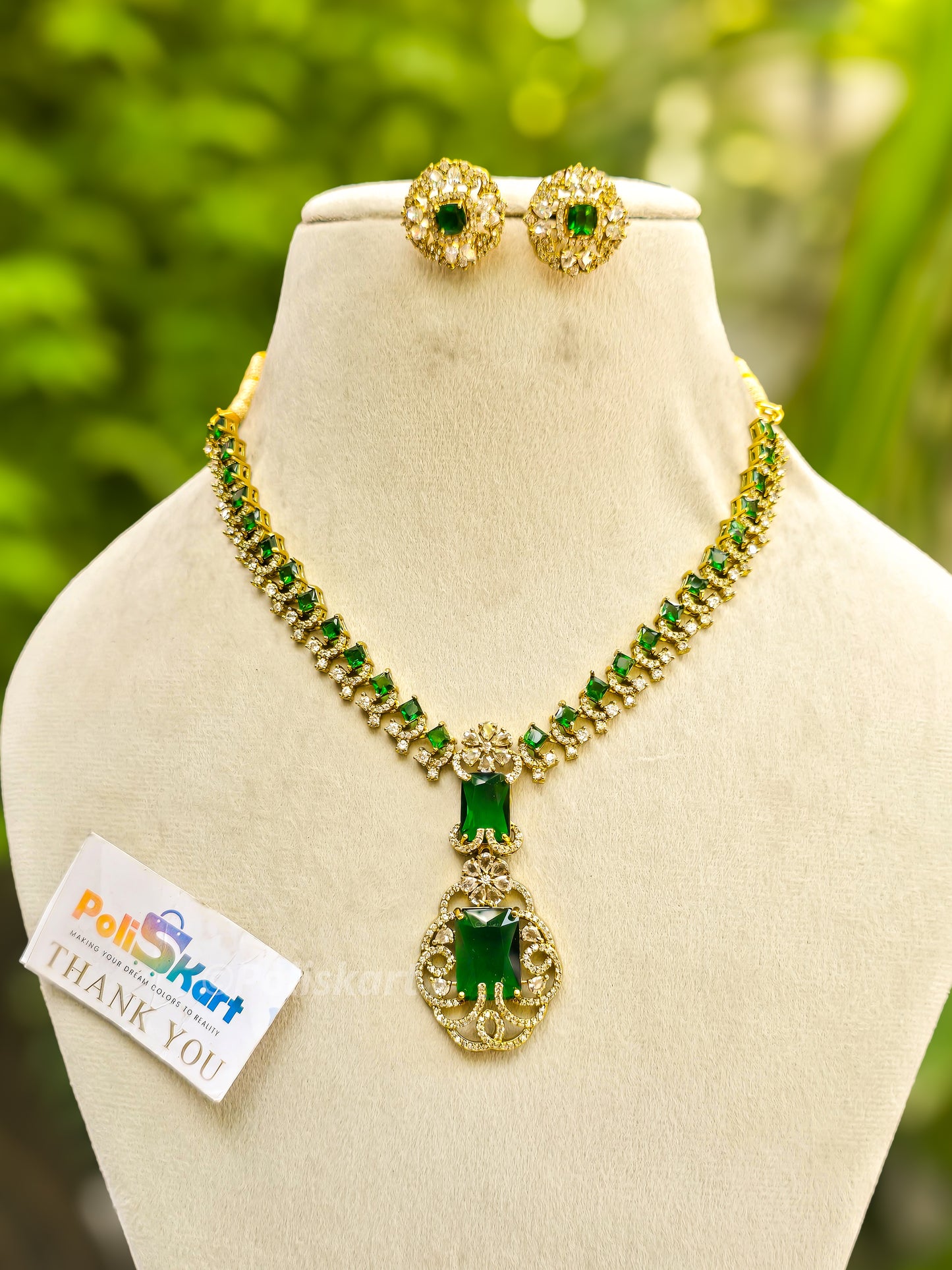 Green stone and white stone worked necklace with earing set