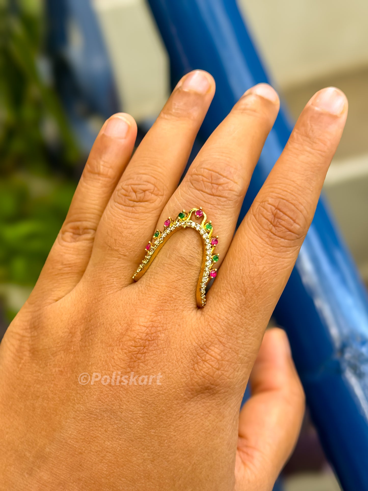 Vangi Ring - Green red and white stone worked - Free size