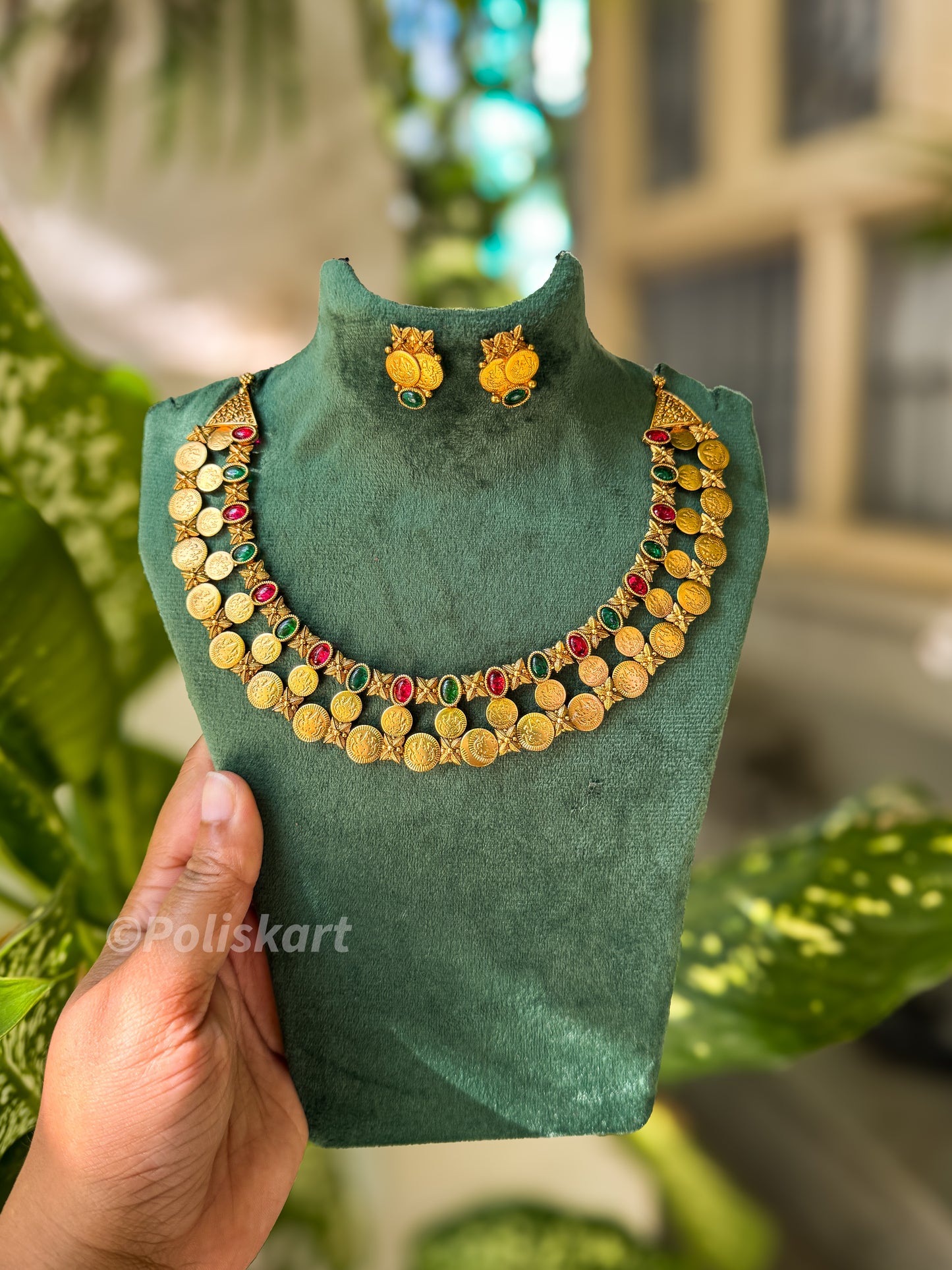 Rubi and green stone worked Kasumala necklace with earing