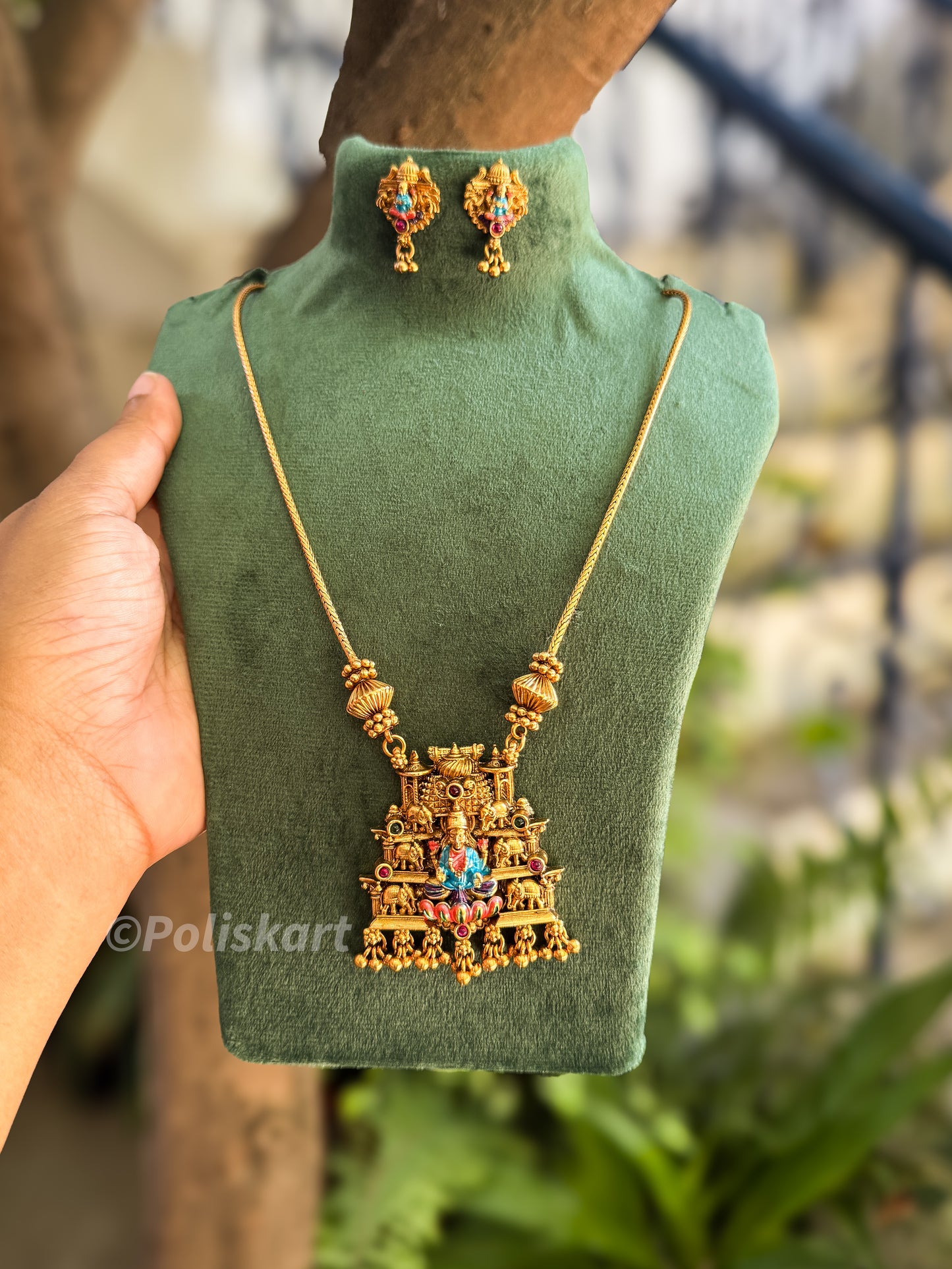 Trending color enamel worked lakshmi pendant with chain and earring set