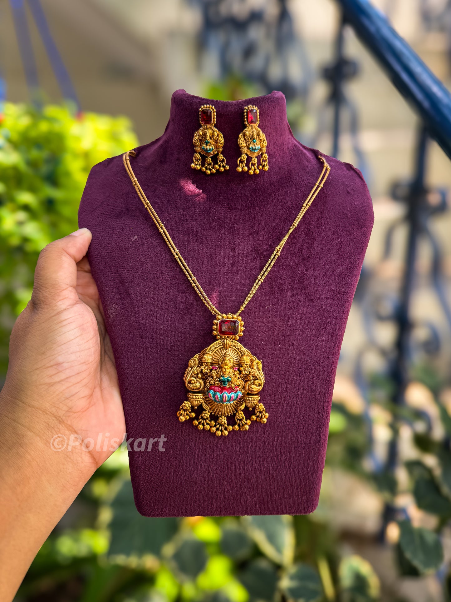 Chain with color enamel laksmi pendent - Red with jumka set