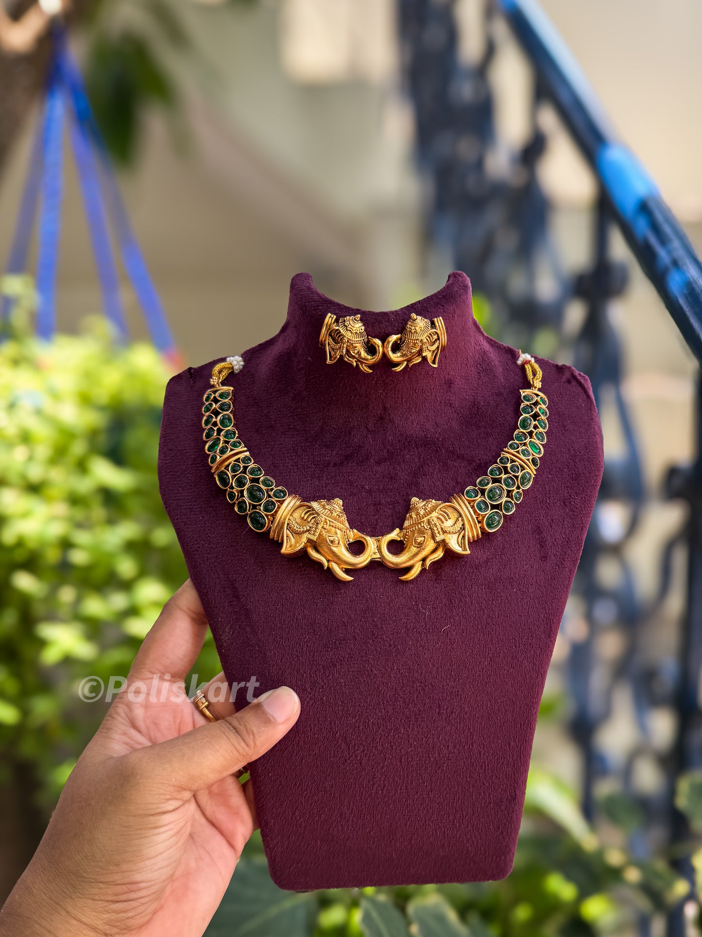 Green stone worked elephant necklace with earing