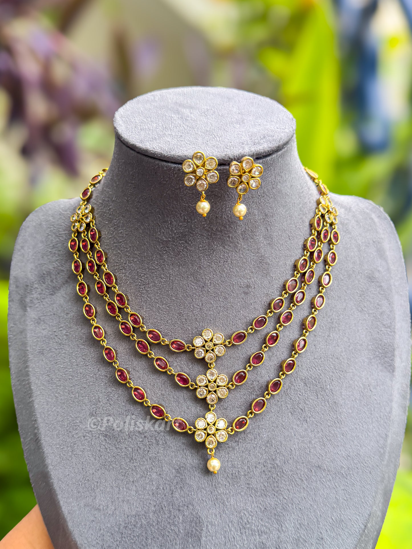 PK055 - Three layer Ruby stone worked necklace with earing