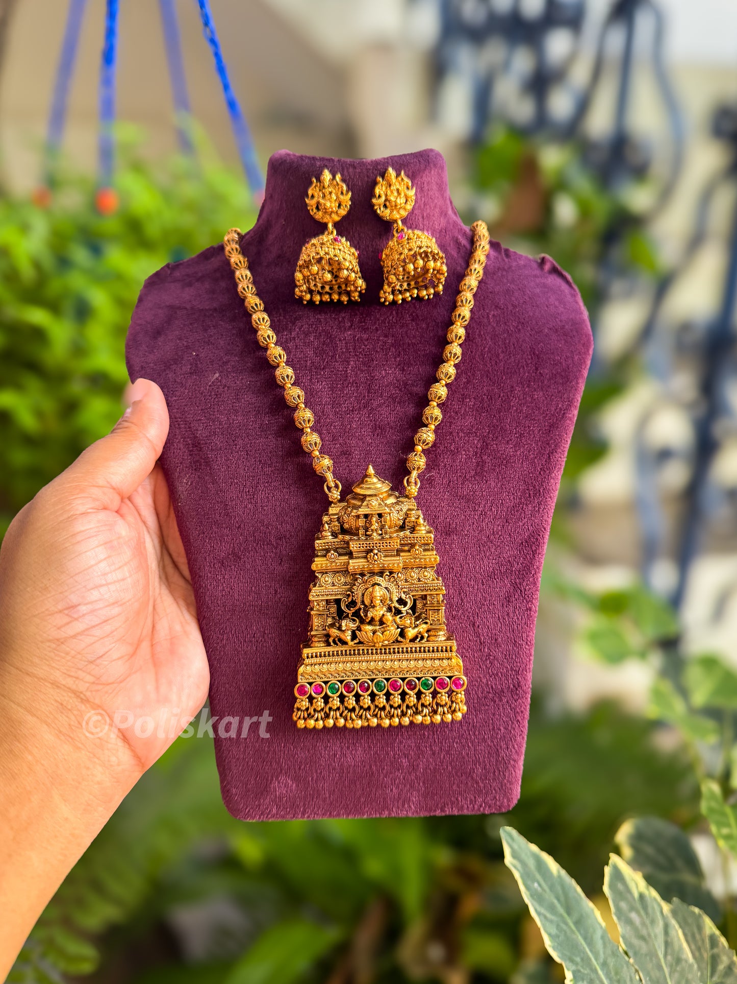 Traditional Lakshmi temple designed Haram and jhumka set