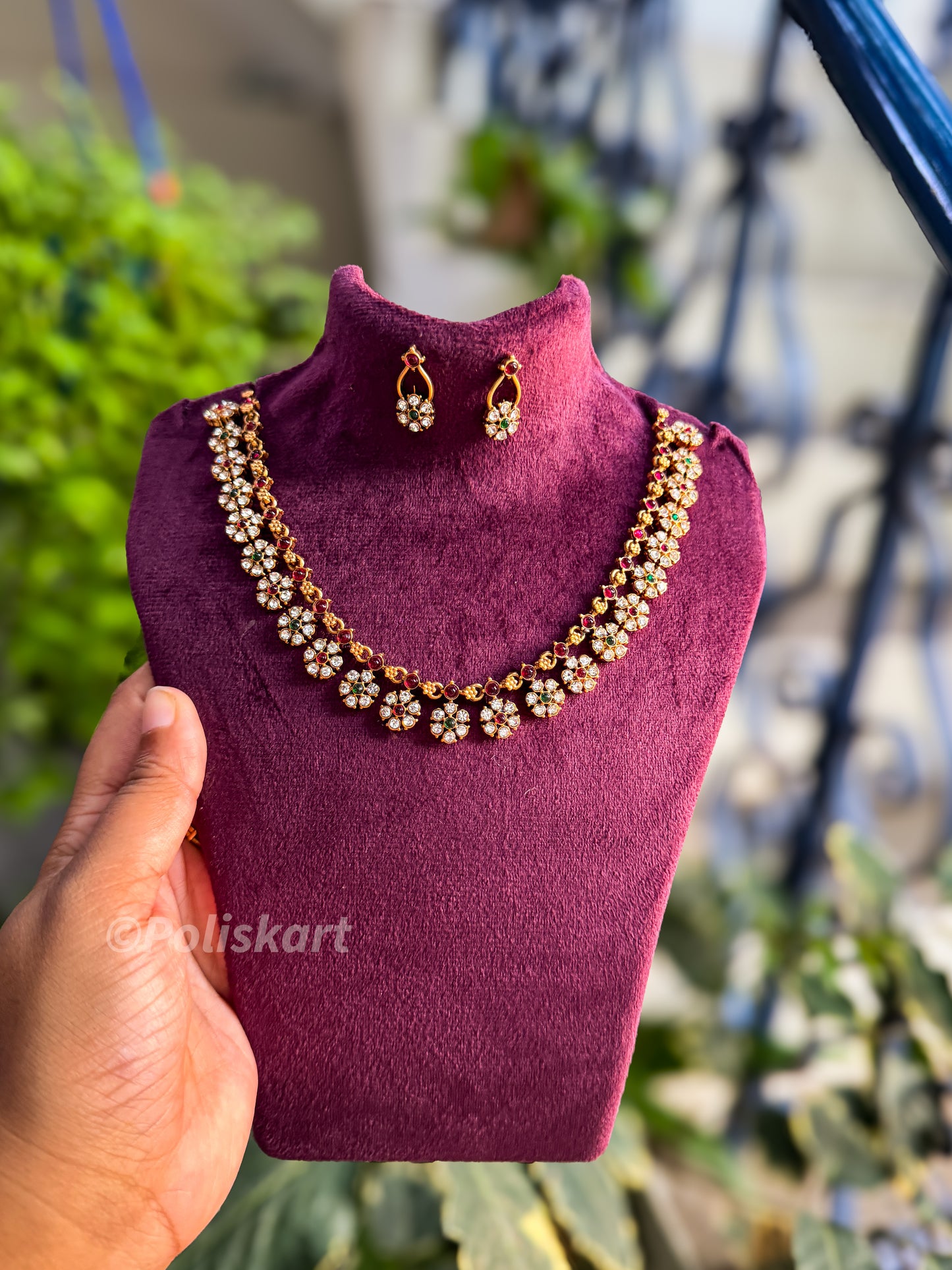 White stone worked flower necklace with earring set