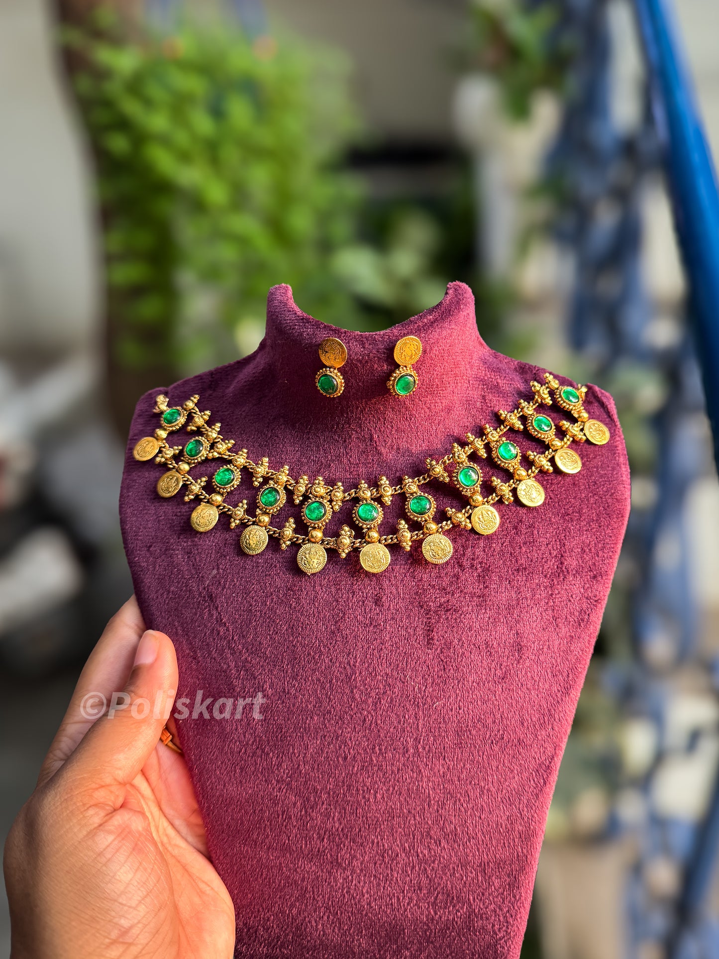 Trending kasumala chocker with green stone worked and earring