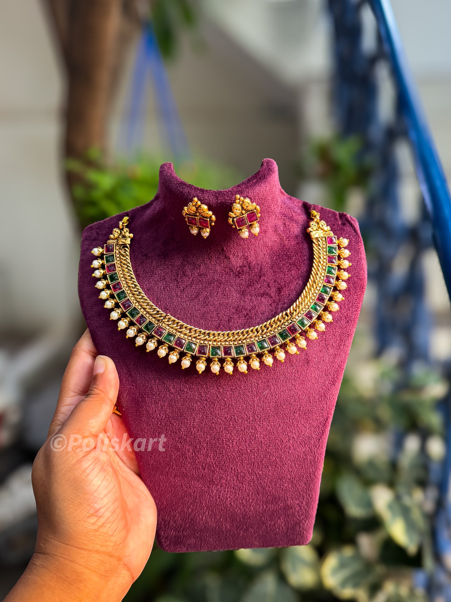 Multi color stone worked short necklace with earring set