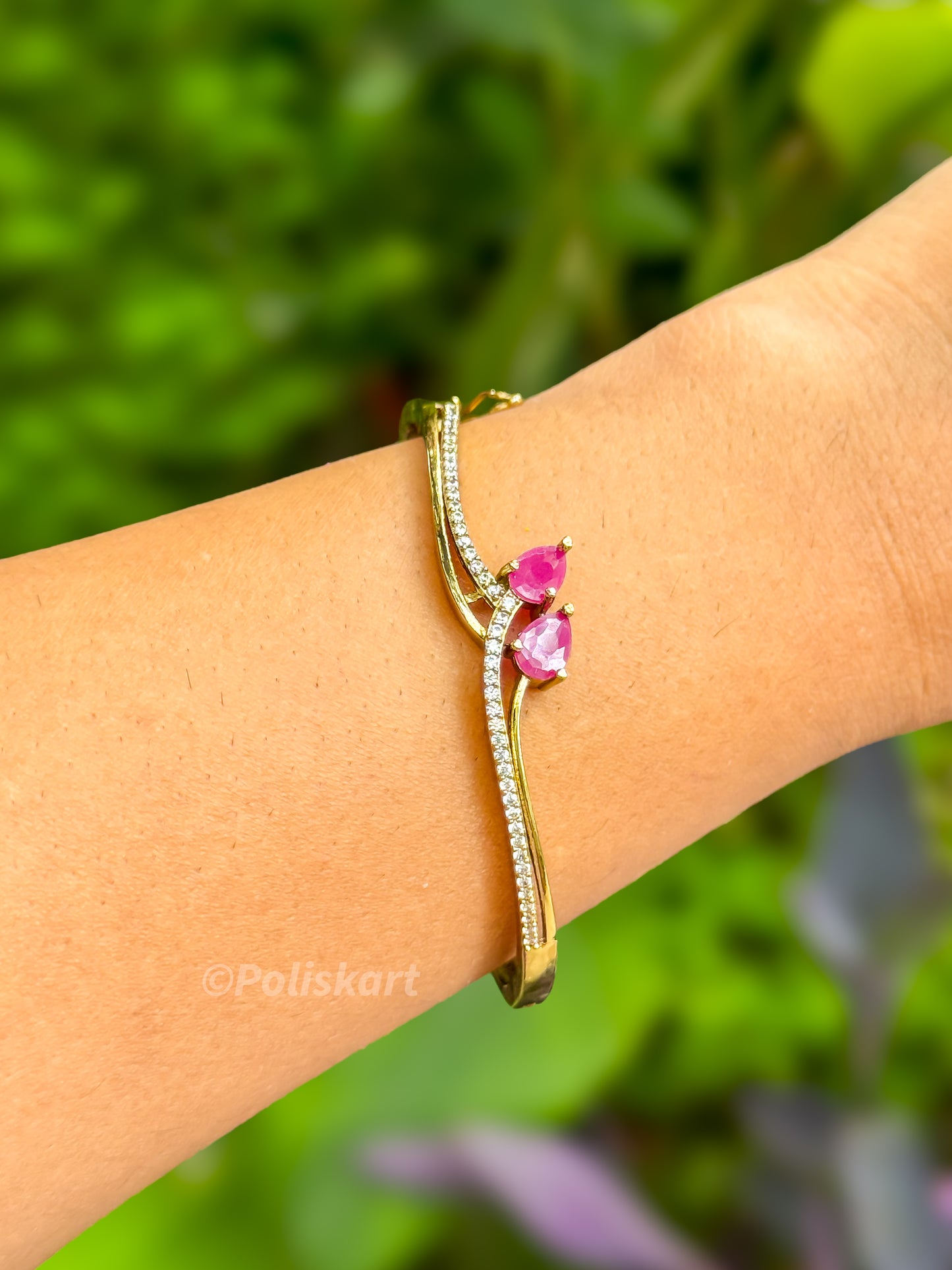 PK064 - Free size Bracelet bangle - Ruby and white leaves design