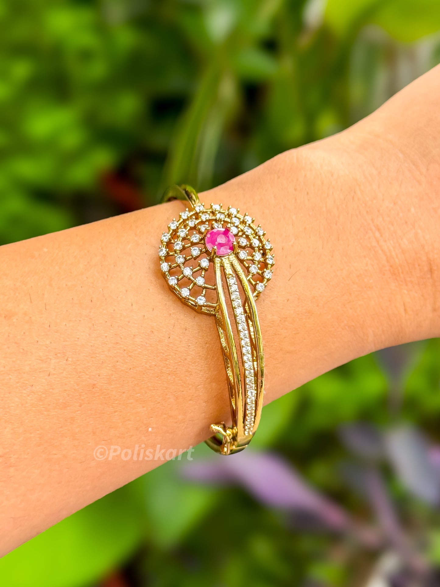 PK062 - Free size Bracelet bangle - Ruby and white Stone worked design