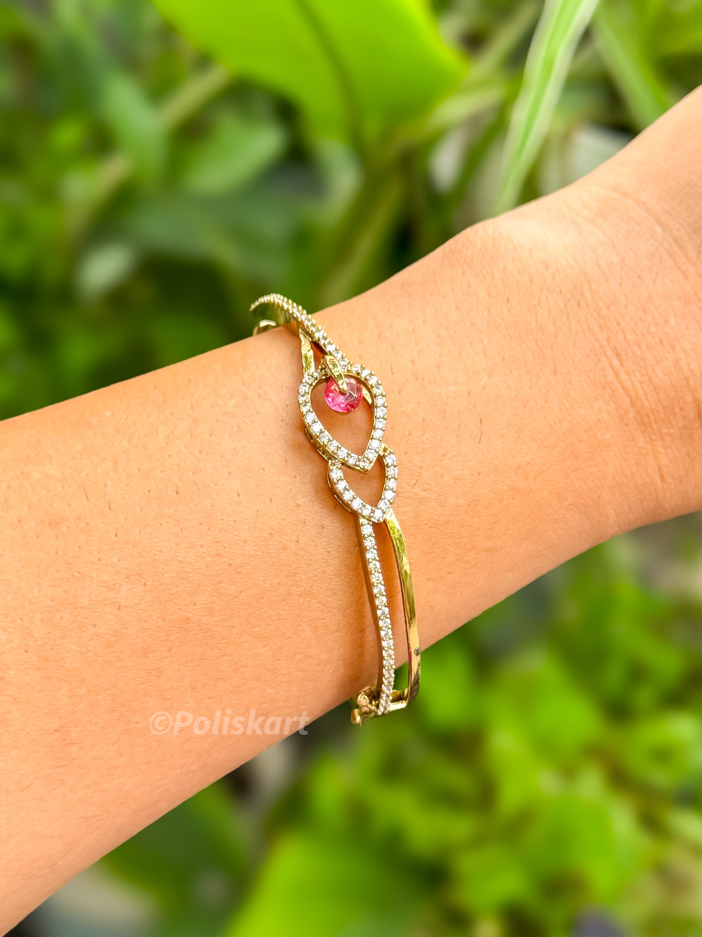 PK059 - Free size Bracelet bangle - Ruby and white leaf design