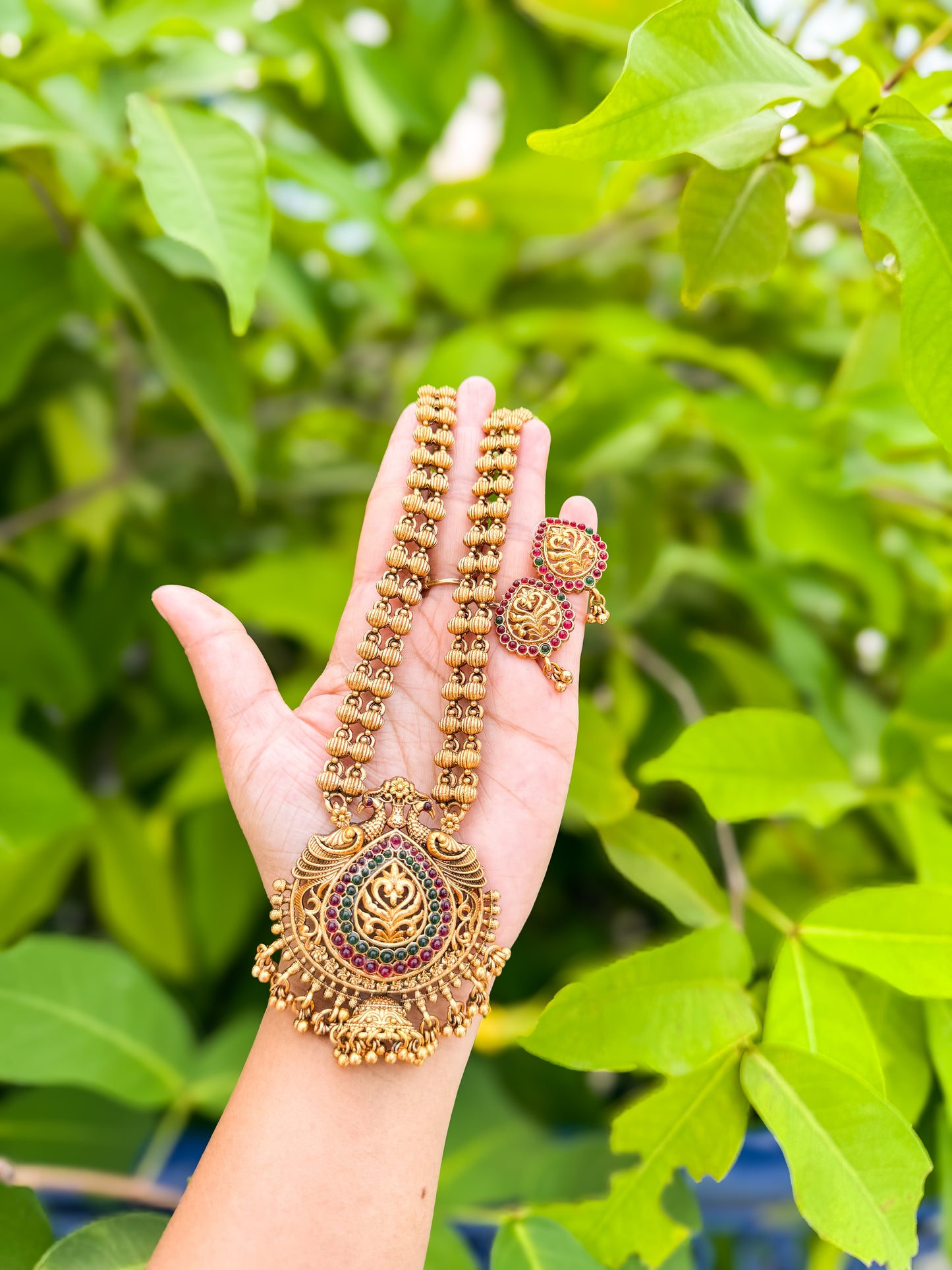 Kerala style stone worked jhumka haram with earring set