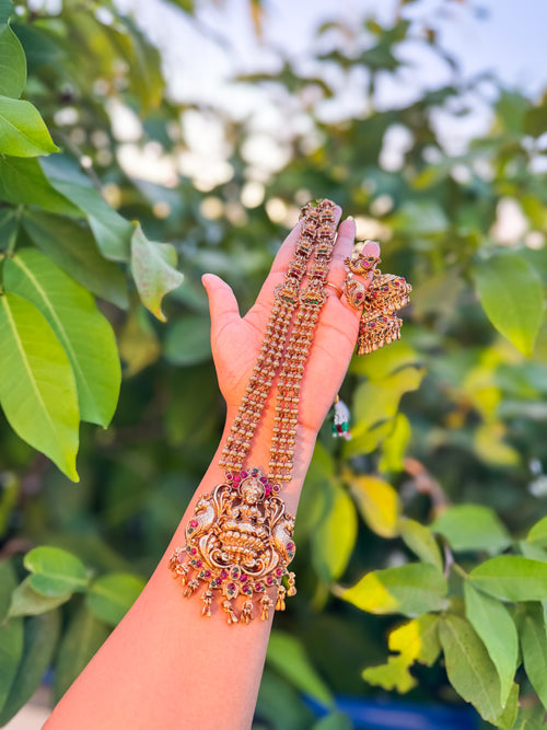 Antique Lakshmi Harram with Stone Work and Jhumka Set