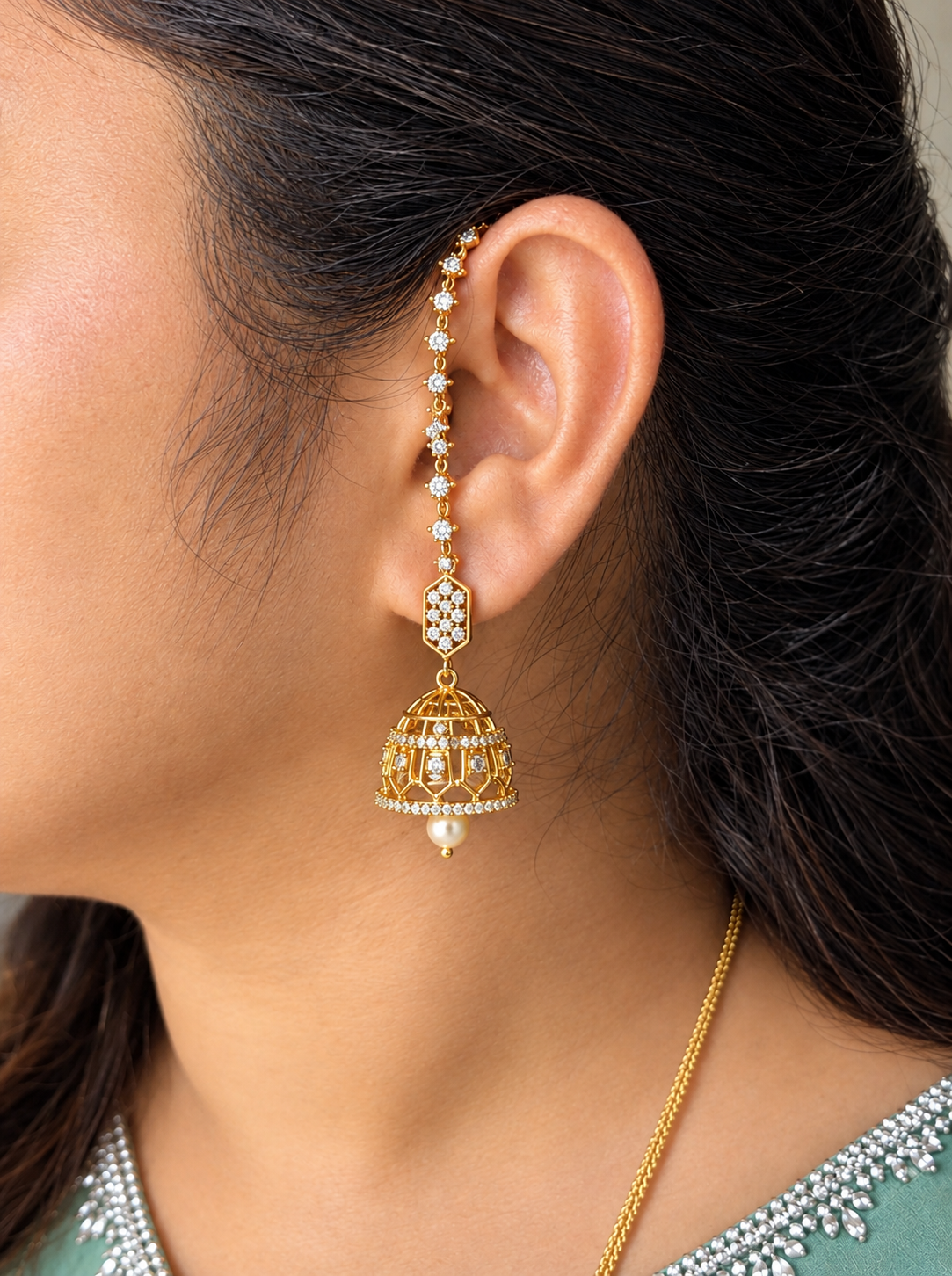 PK265- Trending Mamitha Baiju style white stone Jhumka with chain