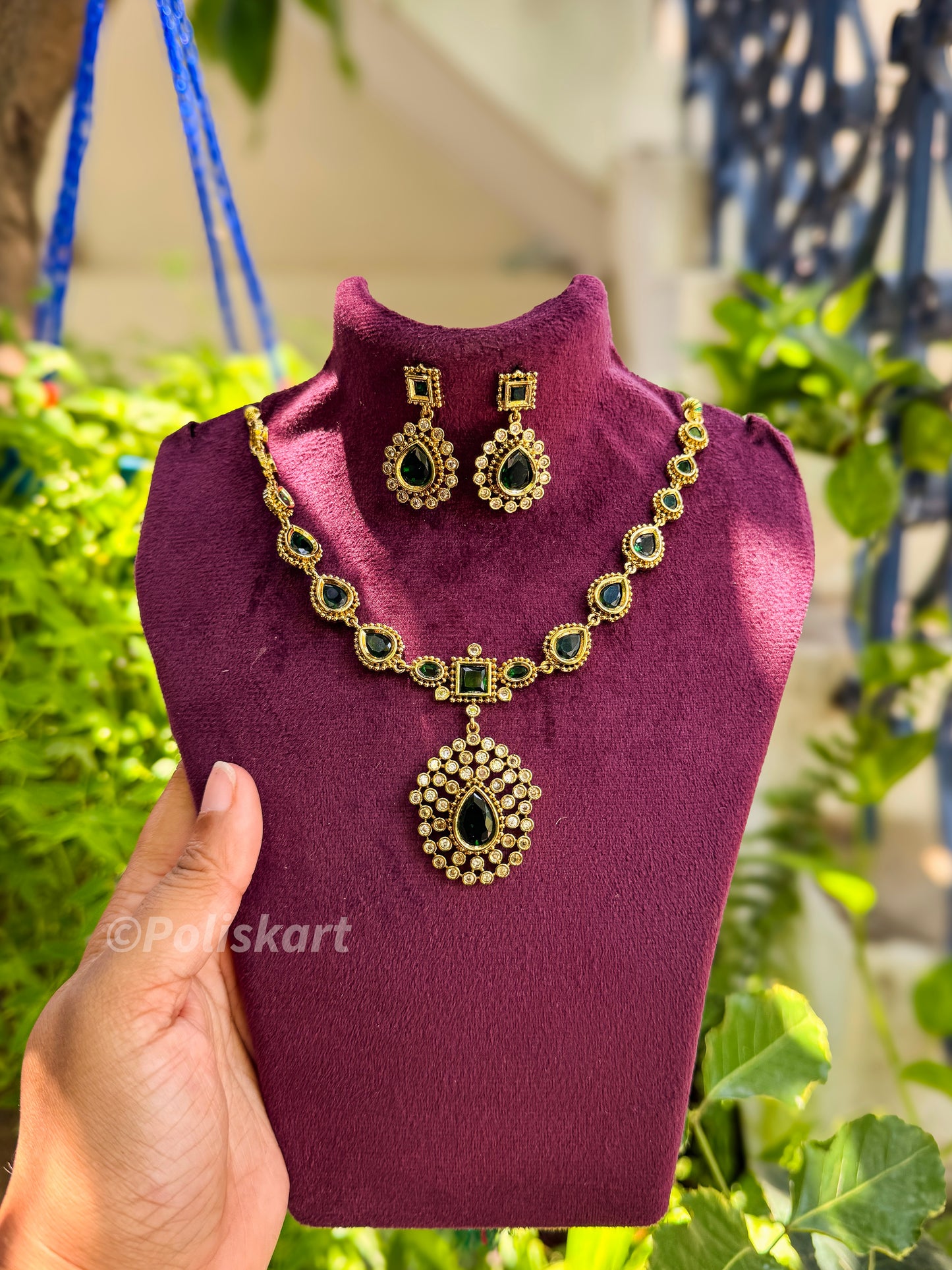 Diamond finished green and white stone necklace with earrings set