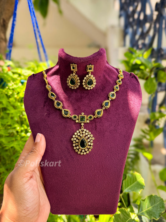 Diamond finished green and white stone necklace with earrings set