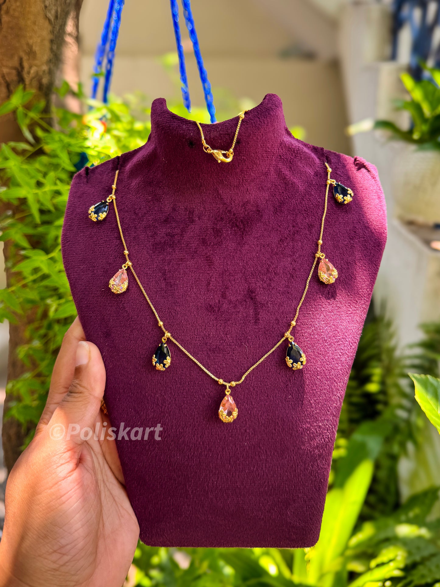 Dark blue and pink raindrop stones with chain