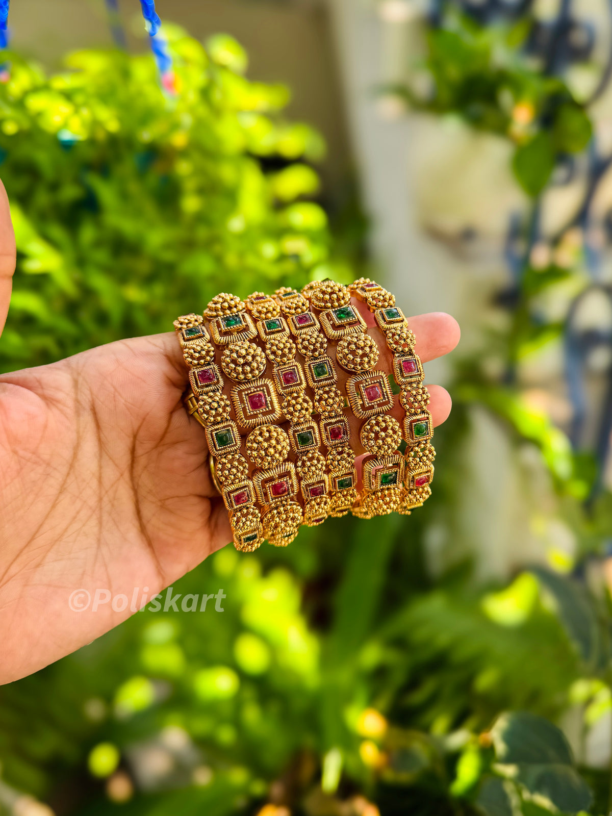 Banges Red 6 banges with red and green stone worked design – Poli's Kart