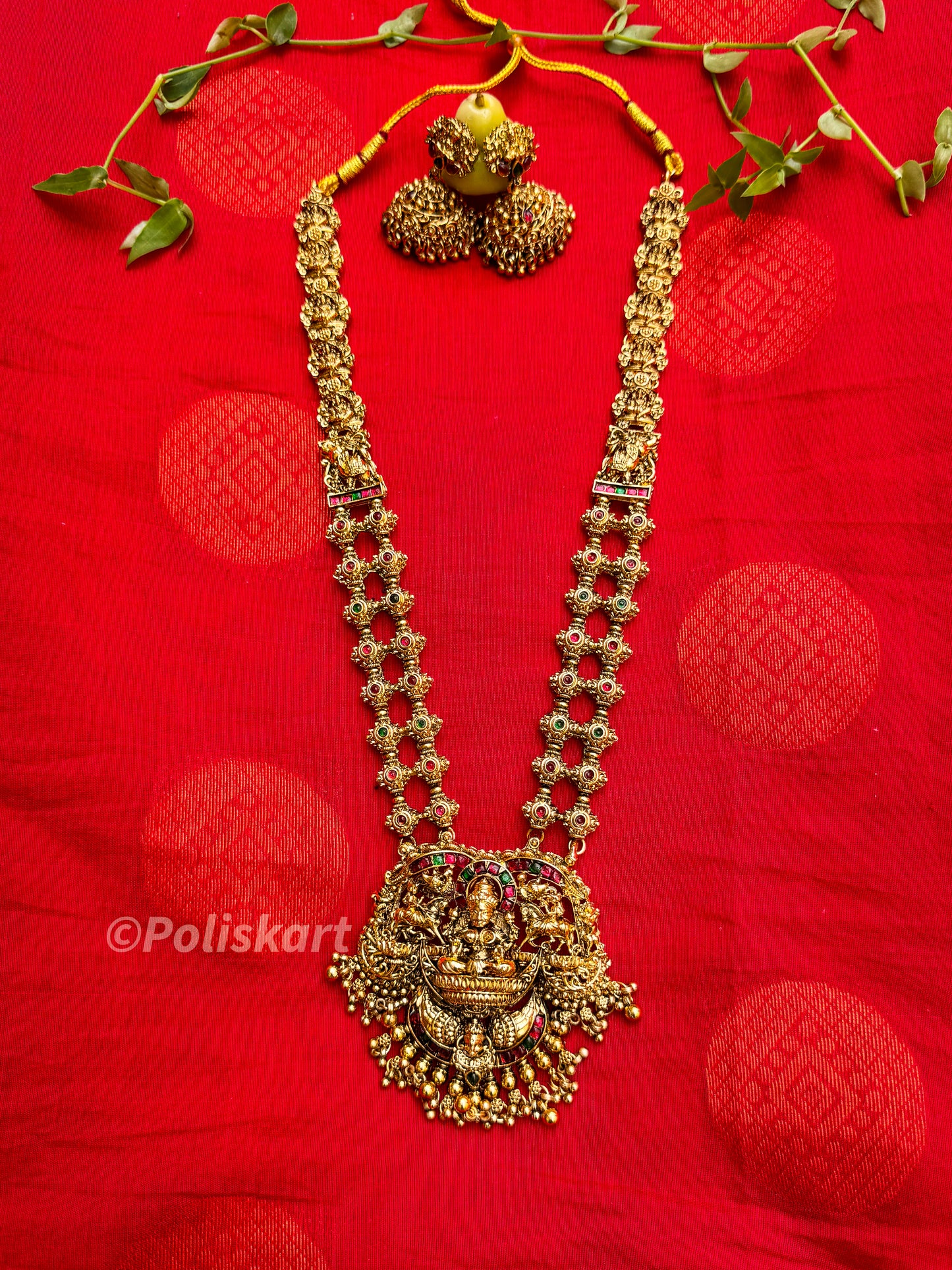 Heavy worked Lakshmi Haram with heavy jhumka set