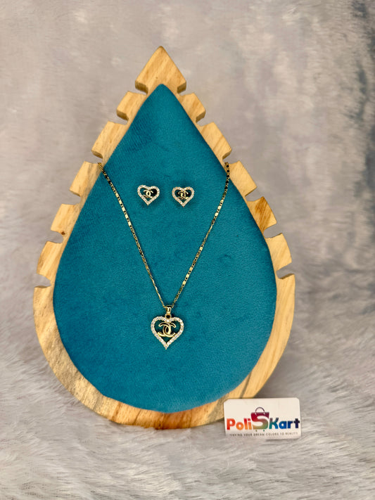 Anti Tarnish chain with love symbol designed pendant and earring set