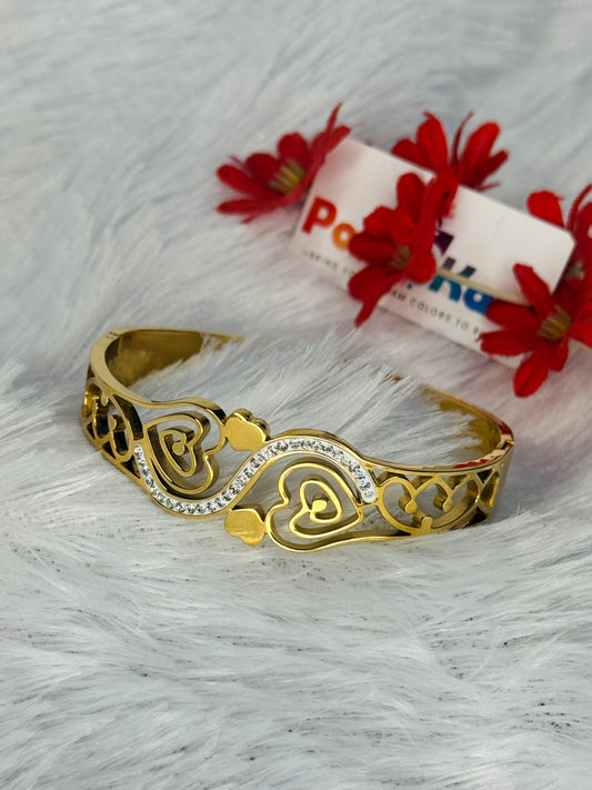 Cuff bangle with white stone with Double heart