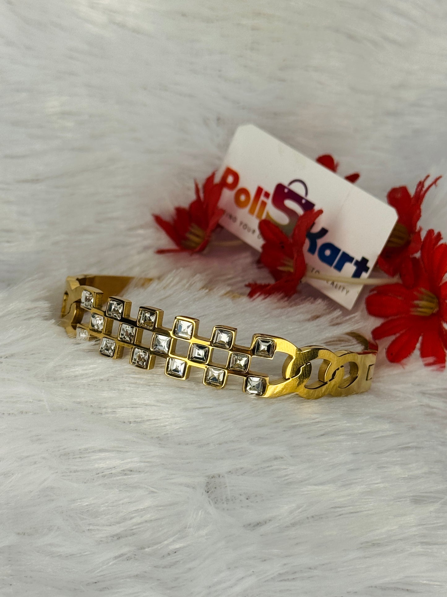 Cuff bangle with Square White stone design