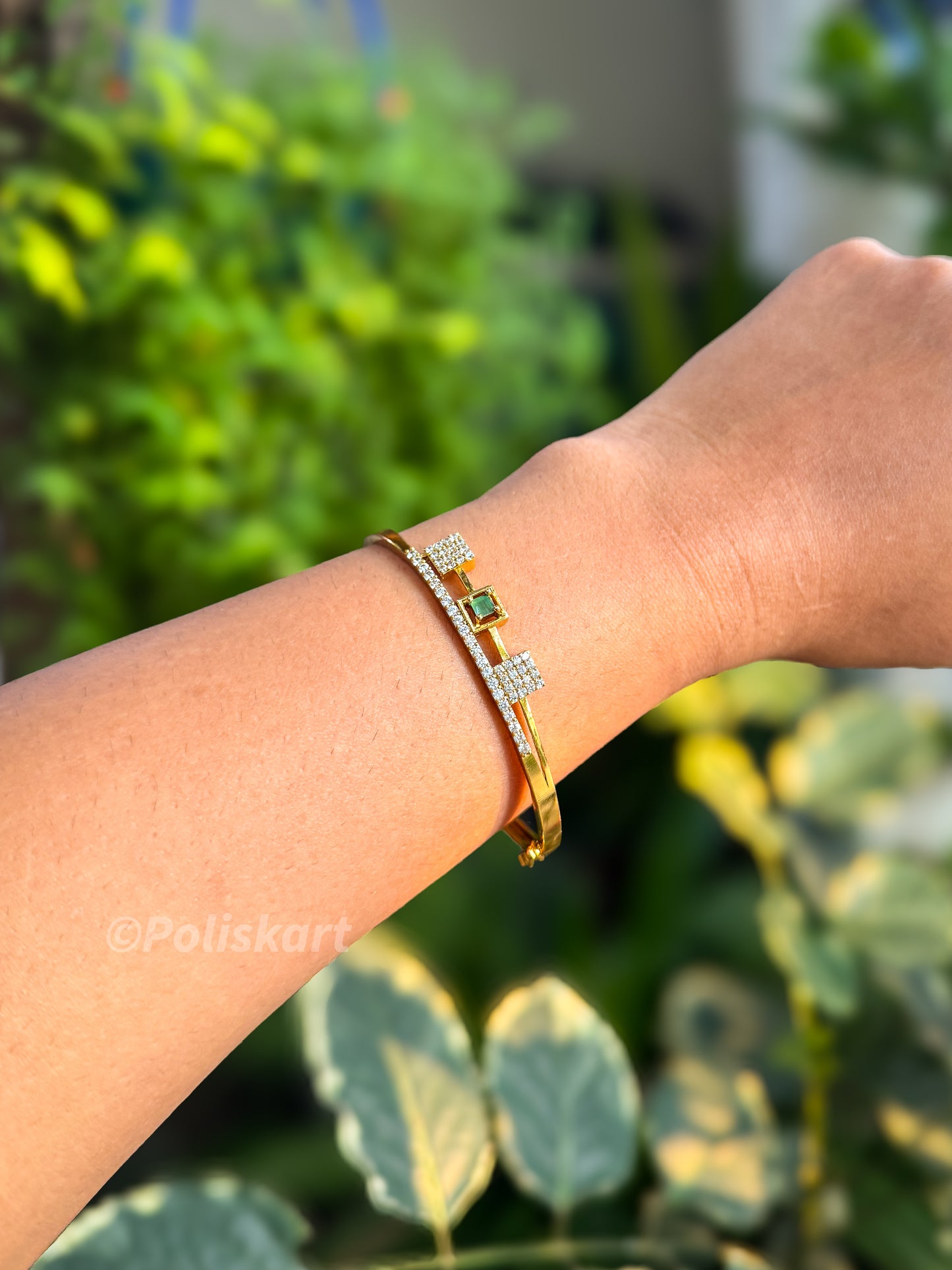 Free size bracelet bangle with white and green stone worked  design