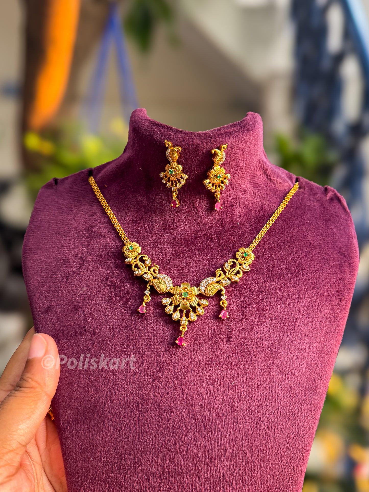 Gold replica stone worked short necklace with earring