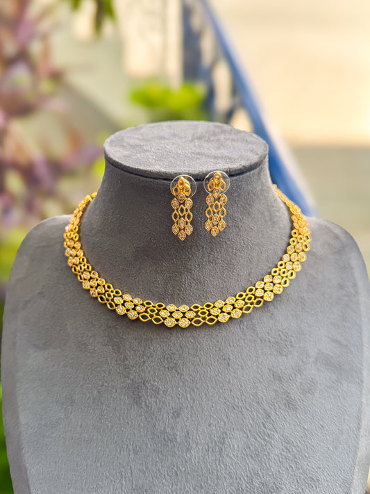 PK107 - Diamond finished net stone necklace with earring set