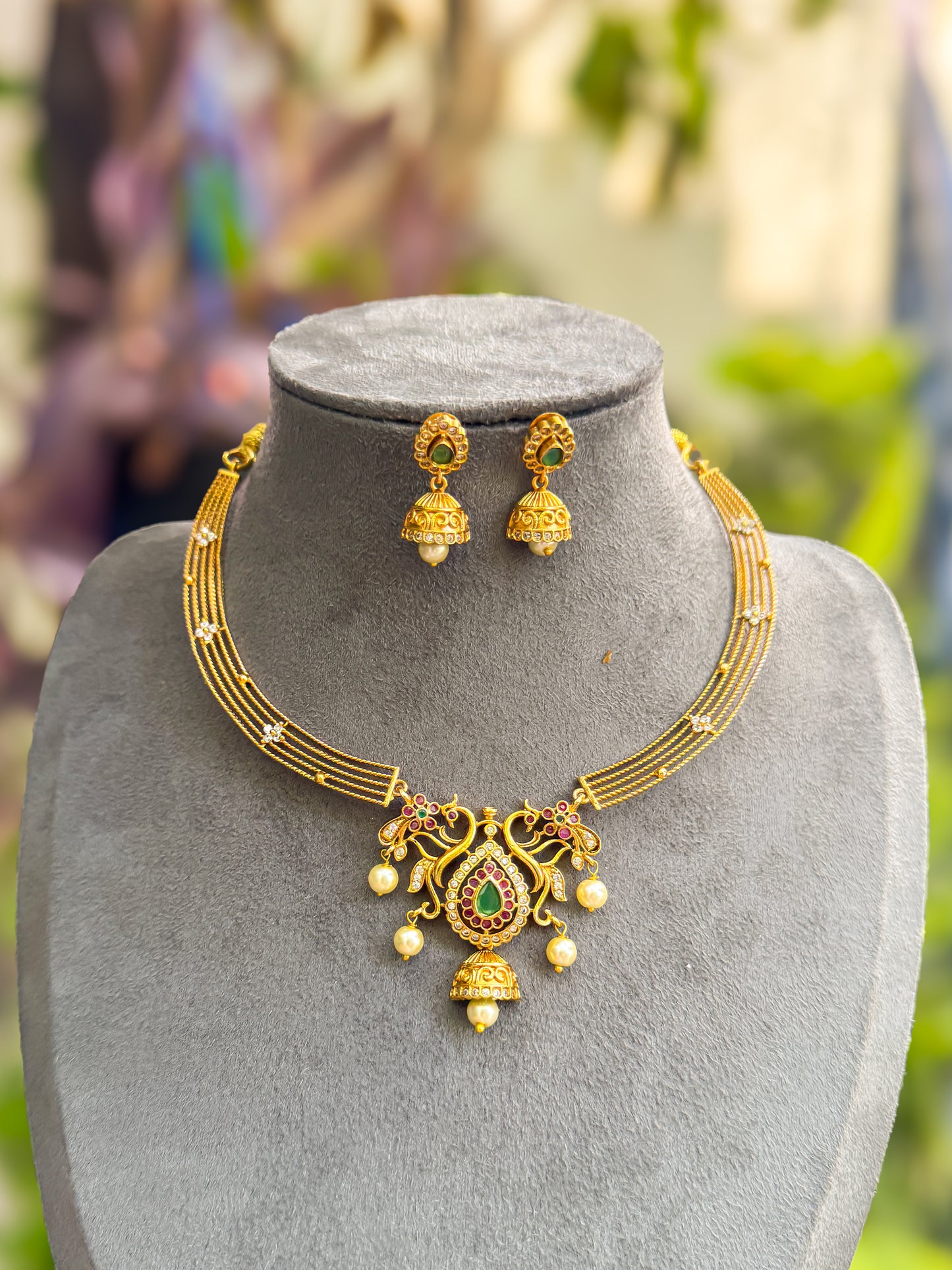 PK103 - Pearl worked peacock necklace with earring set