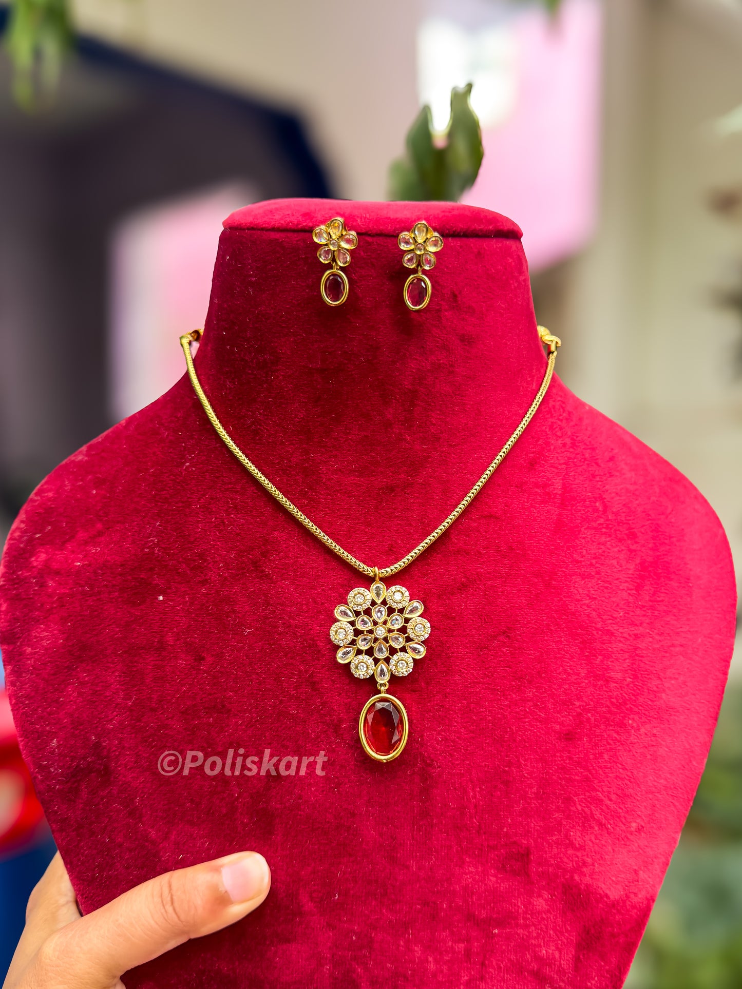 PK128 - Stone worked Flower pendent necklace with earing