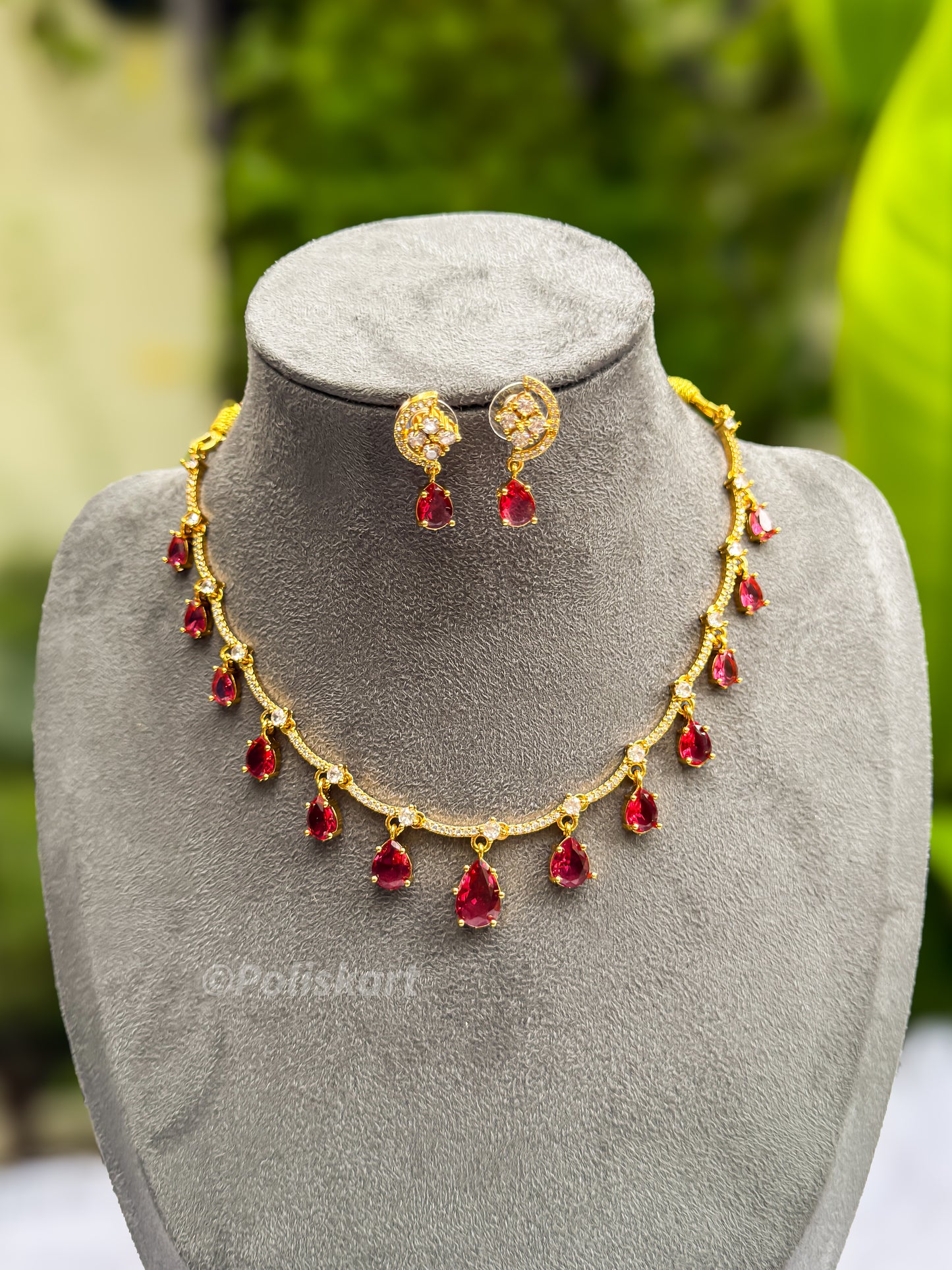 PK129 - Ruby rain drop necklace with earing